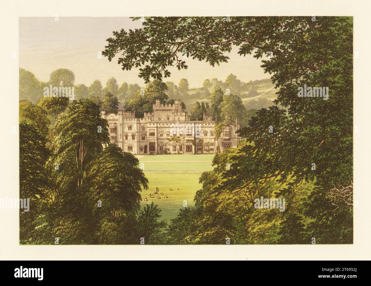 Château de Hampton court, Herefordshire, Angleterre. Maison de cour médiévale construite en 1427, remodelée par Charles Hanbury Tracy en maison de campagne crénelée dans les années 1830, avec un conservatoire conçu par Joseph Paxton, par le célèbre inventeur de la filature Sir Richard Arkwright et son fils John Arkwright Colour Woodblock par Benjamin Fawcett dans le procédé de Baxter d'une illustration par Alexander Francis Lydon du révérend Francis Orpen Morriss vues pittoresques des sièges des nobles et des gentlemen de Grande-Bretagne et d'Irlande, William Mackenzie, Londres, 1880. Banque D'Images Château de Hampton court, Herefordshire, Angleterre. Maison de cour médiévale construite en 1427, remodelée par Charles Hanbury Tracy en maison de campagne crénelée dans les années 1830, avec un conservatoire conçu par Joseph Paxton, par le célèbre inventeur de la filature Sir Richard Arkwright et son fils John Arkwright Colour Woodblock par Benjamin Fawcett dans le procédé de Baxter d'une illustration par Alexander Francis Lydon du révérend Francis Orpen Morriss vues pittoresques des sièges des nobles et des gentlemen de Grande-Bretagne et d'Irlande, William Mackenzie, Londres, 1880. Banque D'Images