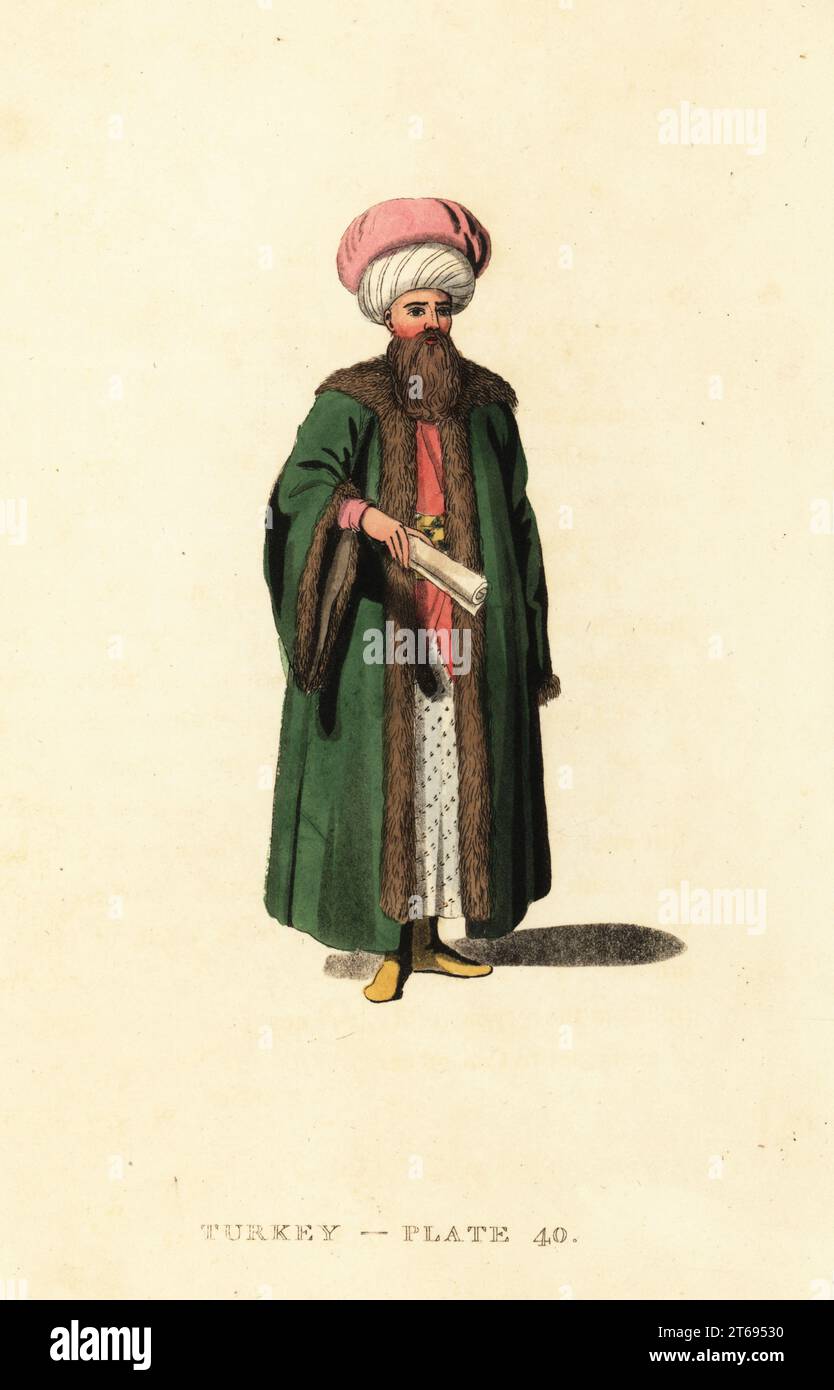 Reis Effendi, Reis ul-Kuttab, commis en chef, ministre des Affaires étrangères, secrétaire d'État auprès de l'Empire ottoman. En turban géant, manteau en pelisse garni de fourrure, bottes jaunes. Gravure sur cuivre colorée à la main d'après Octavian Dalvimart de William Alexanders traduction de représentations pittoresques de la robe et des manières des Turcs, Thomas MLean, Londres, 1814. Banque D'Images