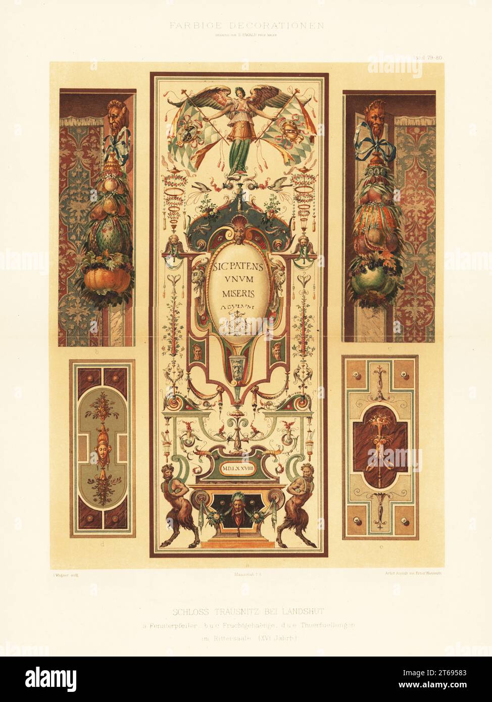 Piliers de fenêtres, tentures de fruits et panneaux de porte datés de 1579 dans la salle des chevaliers du château de Trausnitz, Landshut, Allemagne, 16e siècle. Fernsterpfeiler, Fruchtgehaenge, Thuerfuellungen im Rittersaale (XVII Jahrh), Schloss Trausnitz BEI Landshut. Chromolithographie par I. Wagner de Ernst Ewalds Farbige decorationen, Alter und Never Zeit (Décoration des couleurs, époques anciennes et nouvelles), Ernst Wasmuth, Berlin, 1889. Banque D'Images