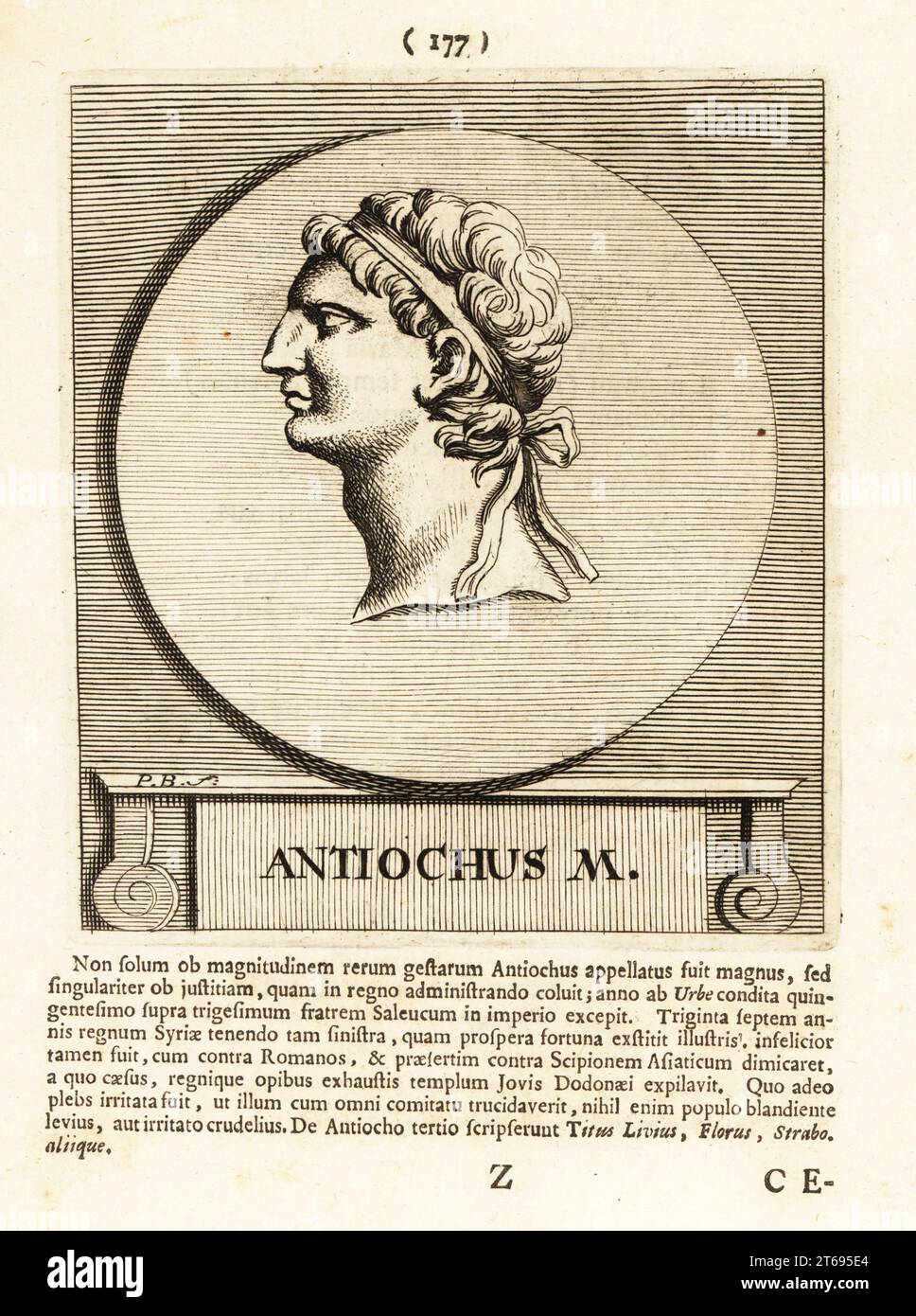 Antiochus III Megas, Antiochus le Grand. Roi séleucide 223-187 av. J.-C. Fils de Séleucus II Gravure sur cuivre de Pieter Bodart (1676-1712) de Henricus Spoors Deorum et Heroum, Virorum et Mulierum Illustrium imagine Antiquae Illustatae, Gods and Heroes, Men and Women, Illustrated with Antique Images, Petrum, Amsterdam, 1715. Publié pour la première fois sous le titre Favissæ utriusque antiquitatis tam Græcæ quam Romanæ en 1707. Henricus Spoor était un médecin néerlandais, érudit classique, poète et écrivain, fl. 1694-1716. Banque D'Images