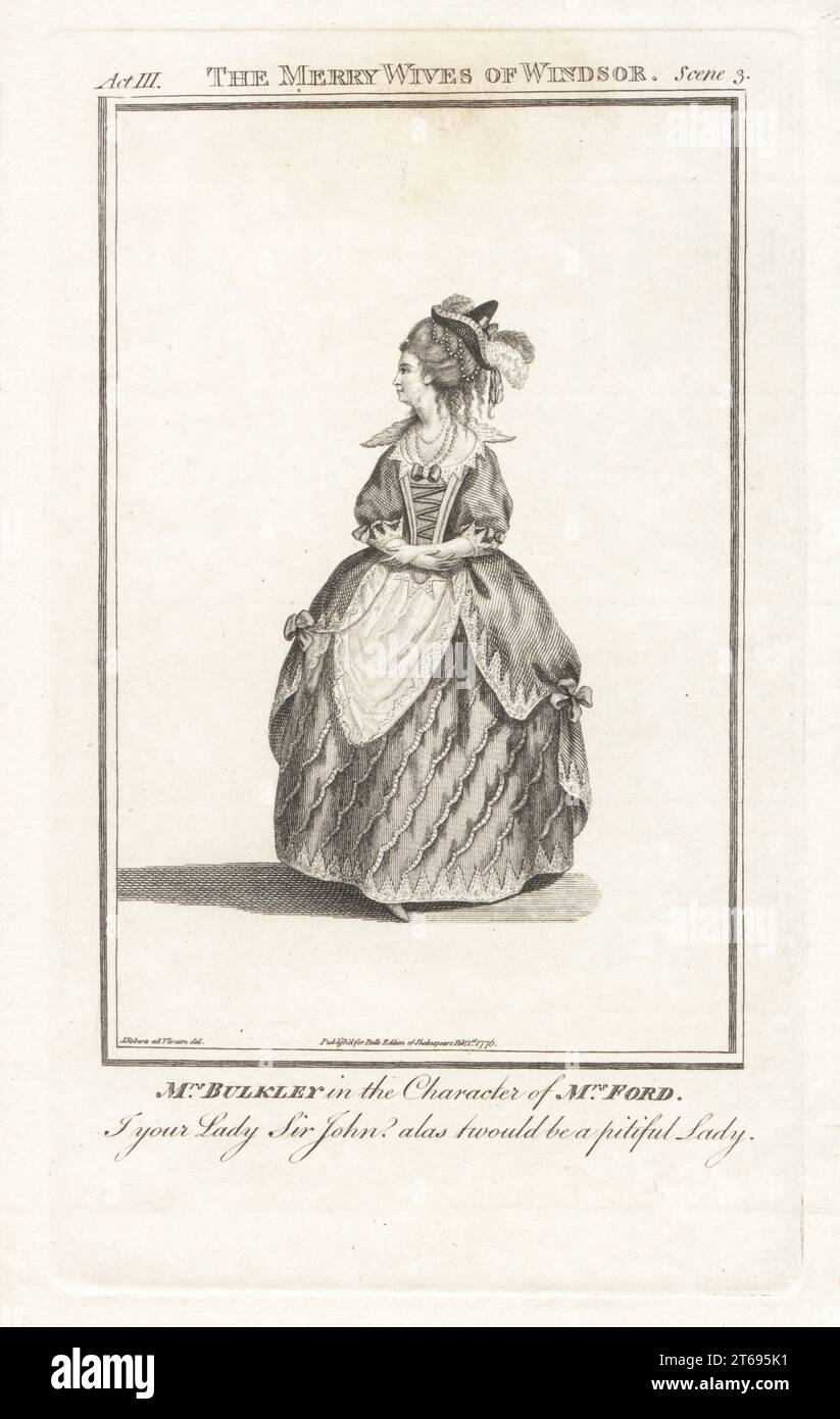 Mme Bulkley dans le personnage de Mme Ford dans The Joyeuses Wives of Windsor de William Shakespeare. (Bulkely a joué Mrs page au Covent Garden Theatre en 1789.) En robe complète avec tablier, petit chapeau avec plume. Mary Bulkley, c.1747-1792, danseuse anglaise et actrice de théâtre comique. Gravure sur cuivre d'après un portrait de James Roberts tiré de l'édition de Shakespeare de John Bell, Londres, 1 février 1776. Banque D'Images