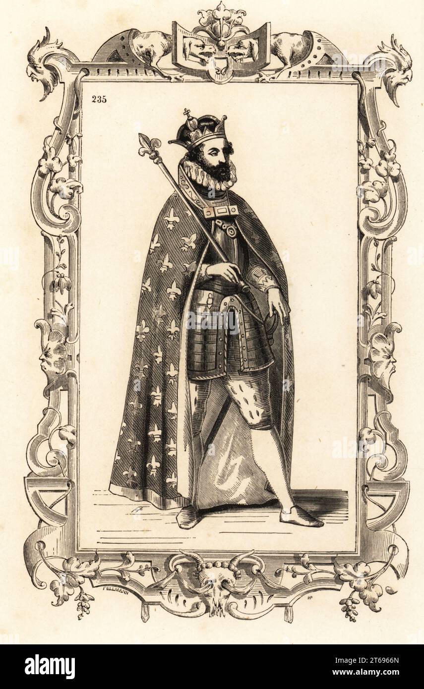 Costume du roi le plus chrétien de France, Roi Tres-Chrétien de France, 16e siècle. Roi Henri IV avec couronne et sceptre. Cape en or ou en argent avec fleurs-de-lys, armure ornée d'or, costume orné de perles et de pierres précieuses. Dans un cadre décoratif gravé par H. Catenacci et Fellmann. Gravure sur bois de Gerard Seguin et E.F. Huyot d'après une gravure sur bois de Christoph Krieger de Cesare Vecellios costumes anciens et modernes du 16e siècle, Habiti antichi et moderni di tutto il mondo, Firman Didot Ferris fils, Paris, 1859-1860. Banque D'Images