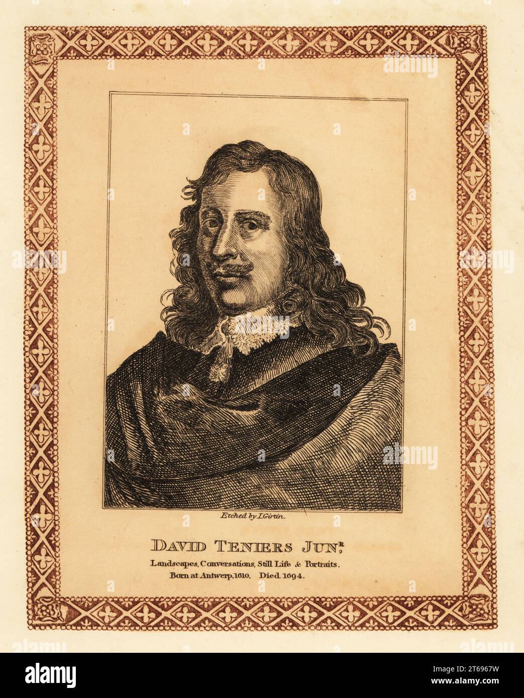 David Teniers le Jeune, 1610-1690, peintre baroque flamand, graveur, dessinateur, miniaturiste, peintre de staffage, copiste et conservateur d'art. Innovateur dans un large éventail de genres tels que l'histoire, le genre, le paysage, le portrait et la peinture de natures mortes. Gravure teintée dans une bordure décorative par John Girtin d'après un portrait de Philip Fruytiers de John Girtins Seventy-Five Portraits of Celebrated Painters from Authentic Originals, J. MCreery, Londres, 1817. Banque D'Images
