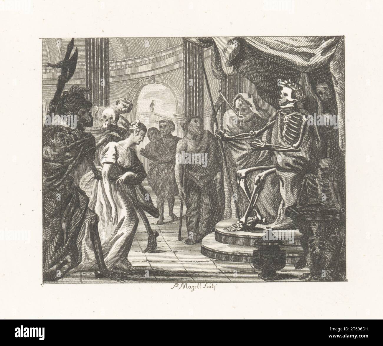 La Cour de la mort. Une femme est portée devant le squelette de la mort sur son trône avec une couronne de Laurier et un sceptre. Autour de lui, le temps du Père avec le scythe, la goutte avec la béquille, la peste, la guerre, la fièvre, Consommation et autres spécures. Gravure sur plaque de coperplate par Peter Mazell d'après une illustration de William Kent de Fables par John gay, avec a Life of the Author, John Stockdale, Londres, 1793. Banque D'Images