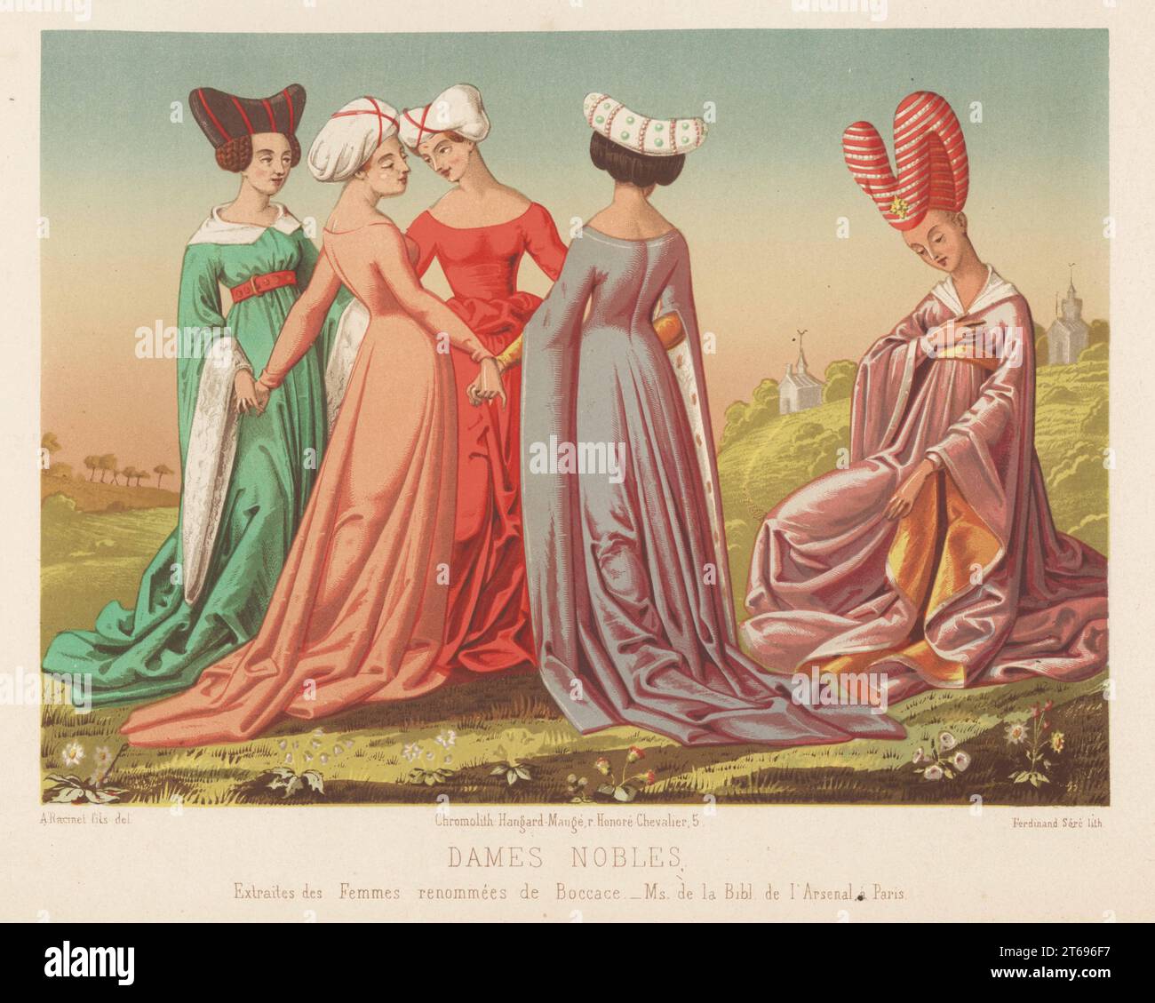 Florentine Noblewomen dansant lors d'une fête, 15e siècle. Dans les turbans et les chapeaux cornés ou escoffion. Du 10e conte dans le Decameron. Dames Nobles, Italie, XVe siecle. D'un MS de Mulieribus Claris de Giovanni Boccaccio à la Bibliothèque de l'Arsenal. Chromolithographie de Ferdinand Sere d'après une illustration d'Albert Racinet de Charles Louandres les Arts psychiatriques, les Arts Sumptuaires, Hangard-Mauge, Paris, 1858. Banque D'Images