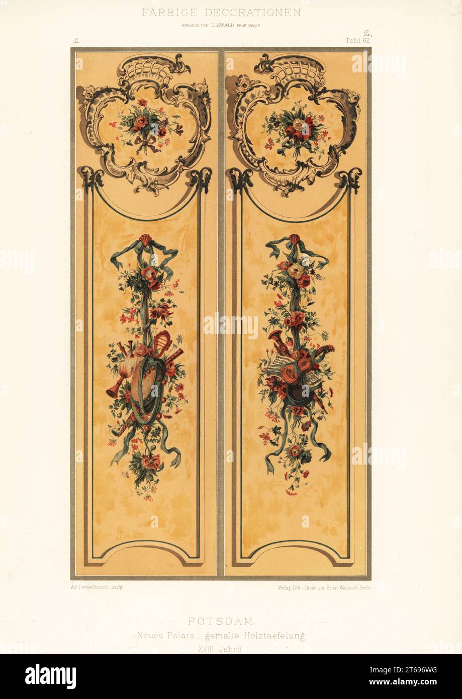 Panneaux de bois peints dans le Nouveau Palais, Potsdam, 18e siècle. Palais baroque prussien construit en 1763. Neues Palais gemalte Holztaefelung, Potsdam, XVIII Jahrh. Chromolithographie par Adolf Rettelbusch de Ernst Ewalds Farbige decorationen, Alter und Never Zeit (Décoration des couleurs, époques anciennes et nouvelles), Ernst Wasmuth, Berlin, 1896. Banque D'Images