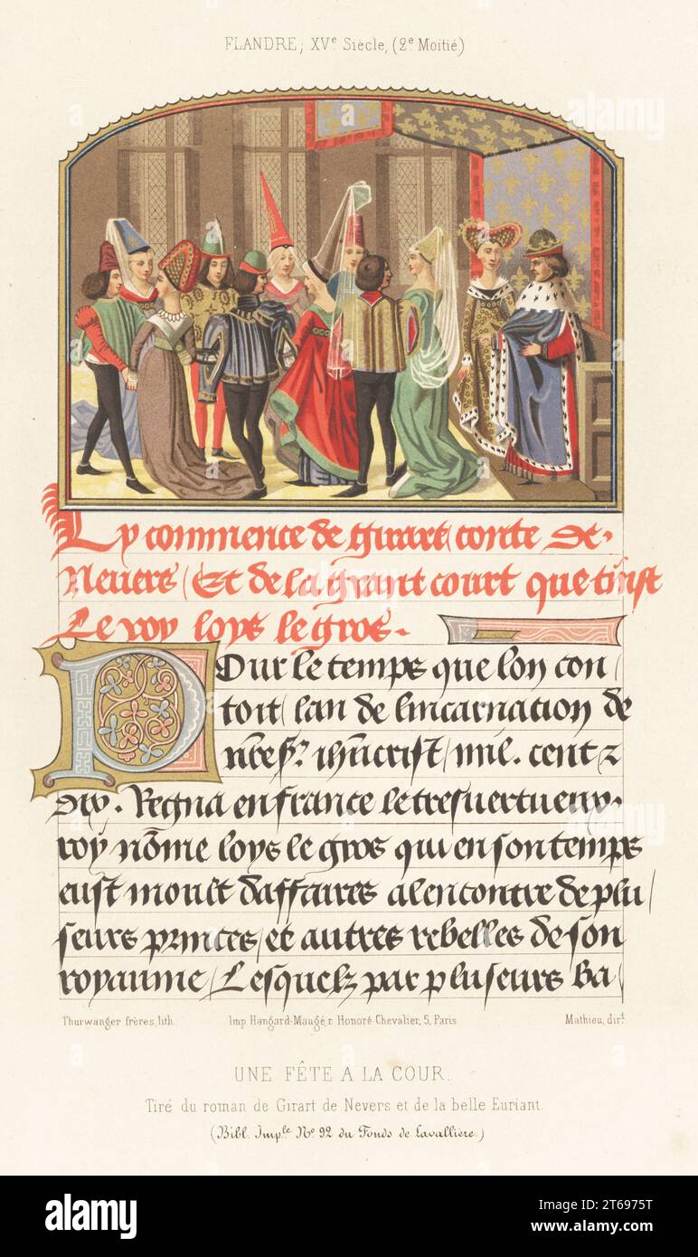 Roi Louis VI et reine à un bal à la cour, France, plus tard 15e siècle. Roi Louis le gros à droite avec reine (Adélaïde de Maurienne ou Lucienne de Rochefort) dans une robe dorée garnie d'hermine. Courtisans en chapeaux de hennin, robes avec des trains. Une fete a la cour. France, XVe siecle. Tiré du Roman de Girart de Nevers, Fonds de la Valliere MS 22, Bibliotheque Imperiale. Chromolithographie des frères Thurwanger de Charles Louandres les Arts psychiatriques, les Arts sommaires, Hangard-Mauge, Paris, 1858. Banque D'Images