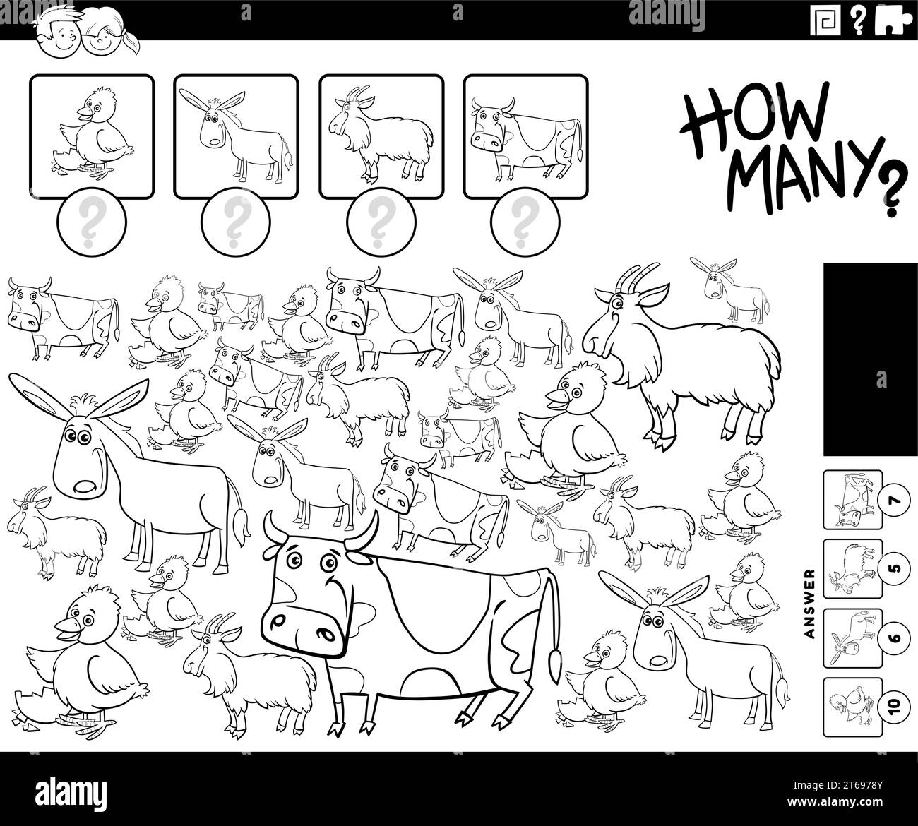 Illustration en noir et blanc du jeu de comptage éducatif avec la page à colorier des personnages d'animaux de ferme de dessin animé Illustration de Vecteur