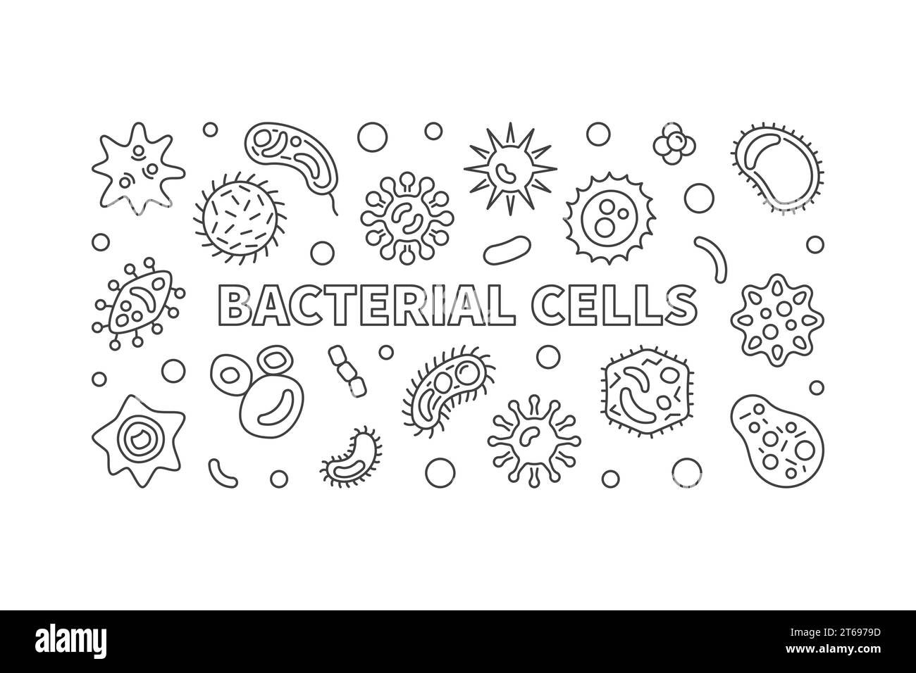 Bannière horizontale de cellules bactériennes. Illustration de contour de concept de vecteur faite avec des icônes de microbes et de virus Illustration de Vecteur