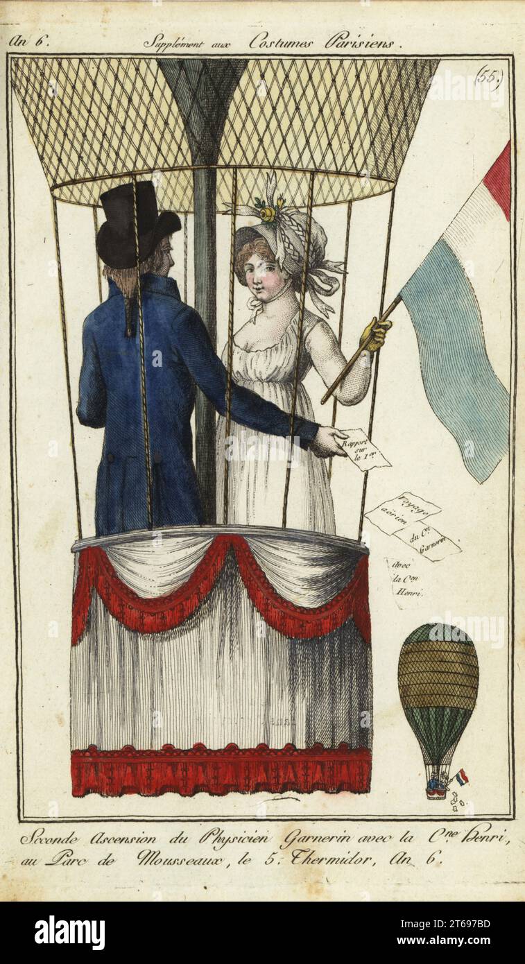 Deuxième ascension en ballon du Dr André-Jacques Garnerin avec Mlle Henri au Parc Monceau, le 8 juillet 1798. Deuxième ascension du physicien Garnerin avec le citoyen Henri au Parc de Mousseaux, le 5 Thermidor an 6. Gravure sur cuivre coloriée à la main de Pierre de la Mesangeres Journal des modes et Dames, Paris, 1798. Les illustrations du volume 1 sont de Carle Vernet, Claude Louis Desrais et Philibert Louis Debucourt. Banque D'Images