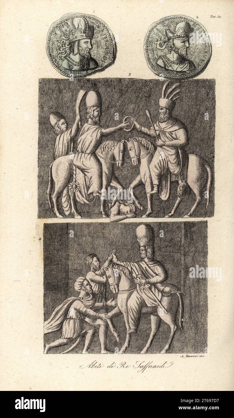 Costumes des rois de l'Empire sassanide. Ardashir I, fondateur sassanide, et Ahura Mazda détiennent une couronne, tandis que leurs chevaux estampillent les corps d'Artabanus et Ahriman (en haut). L'empereur Perse Shapur I à cheval capturant l'empereur romain Valérian, tandis que Philippe l'arabe poursuit pour la paix (ci-dessous). D'un bas relief à Naqsh-e Rustam. Abiti dei Re Sassanidi. Gravure sur cuivre colorée à la main par Andrea Bernieri de Giulio Ferrarios costumes ancien et moderne des peuples du monde, il Costume Antico e Moderno, Florence, 1847. Banque D'Images