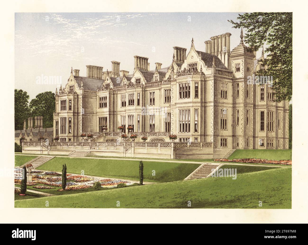 Dartrey House, comté de Monaghan, Irlande. Maison de campagne néo-élisabéthaine conçue par l'architecte écossais William Burn construite en 1846 pour Richard Dawson, 1e comte de Dartrey, pendant la Grande famine. Bloc de bois de couleur de Benjamin Fawcett dans le procédé Baxter d'une illustration d'Alexander Francis Lydon du révérend Francis Orpen Morriss vues pittoresques des sièges des nobles et des gentlemen de Grande-Bretagne et d'Irlande, William Mackenzie, Londres, 1880. Banque D'Images