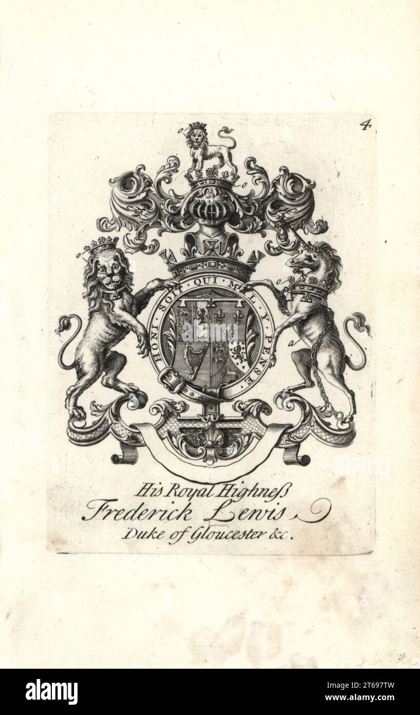 Armoiries et écusson du HRH Frederick Lewis, duc de Gloucester, 1707-1751. Gravure de Copperplate par Andrew Johnston après C. Gardiner de Notitia Anglicana, Shwing the Réalisations of all the English Noblesse, Andrew Johnson, The Strand, Londres, 1724. Banque D'Images