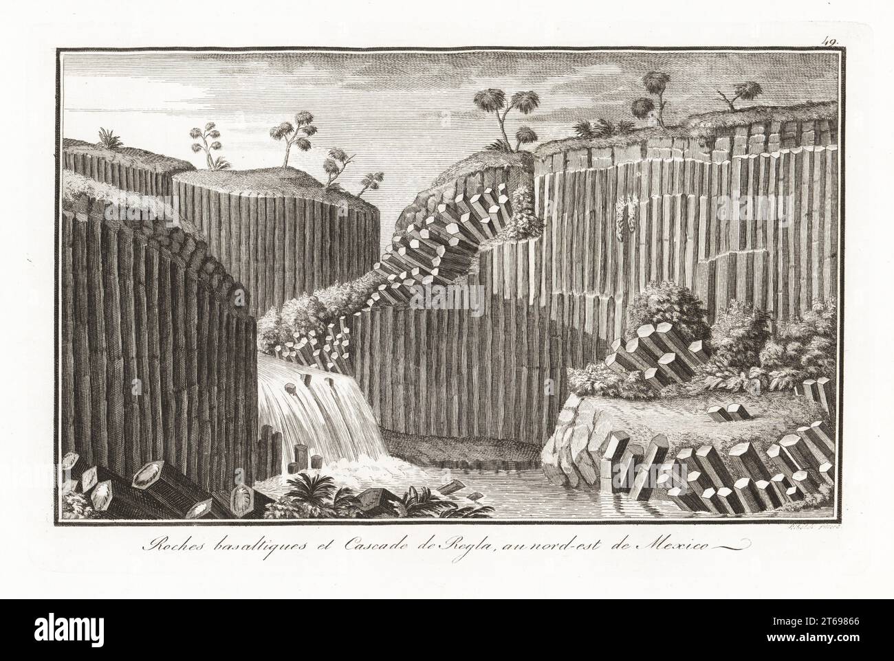 Cascade entre les roches basaltiques colonnaires à Regla, entre Mineral de Monte et les eaux thermales de Tontileo, au nord-est de Mexico. Roches basaltique et Cascade de Regla, au nord-est de Mexico. Gravure sur cuivre du peintre milanais Gaetano Riboldi d'après un croquis d'Alexander Humboldt rom Scipion Breislaks traite sur la structure extérieure du Globe, Traité sur la structure extérieure du Globe, Jean-Pierre Giegler, Milan, 1822. Banque D'Images