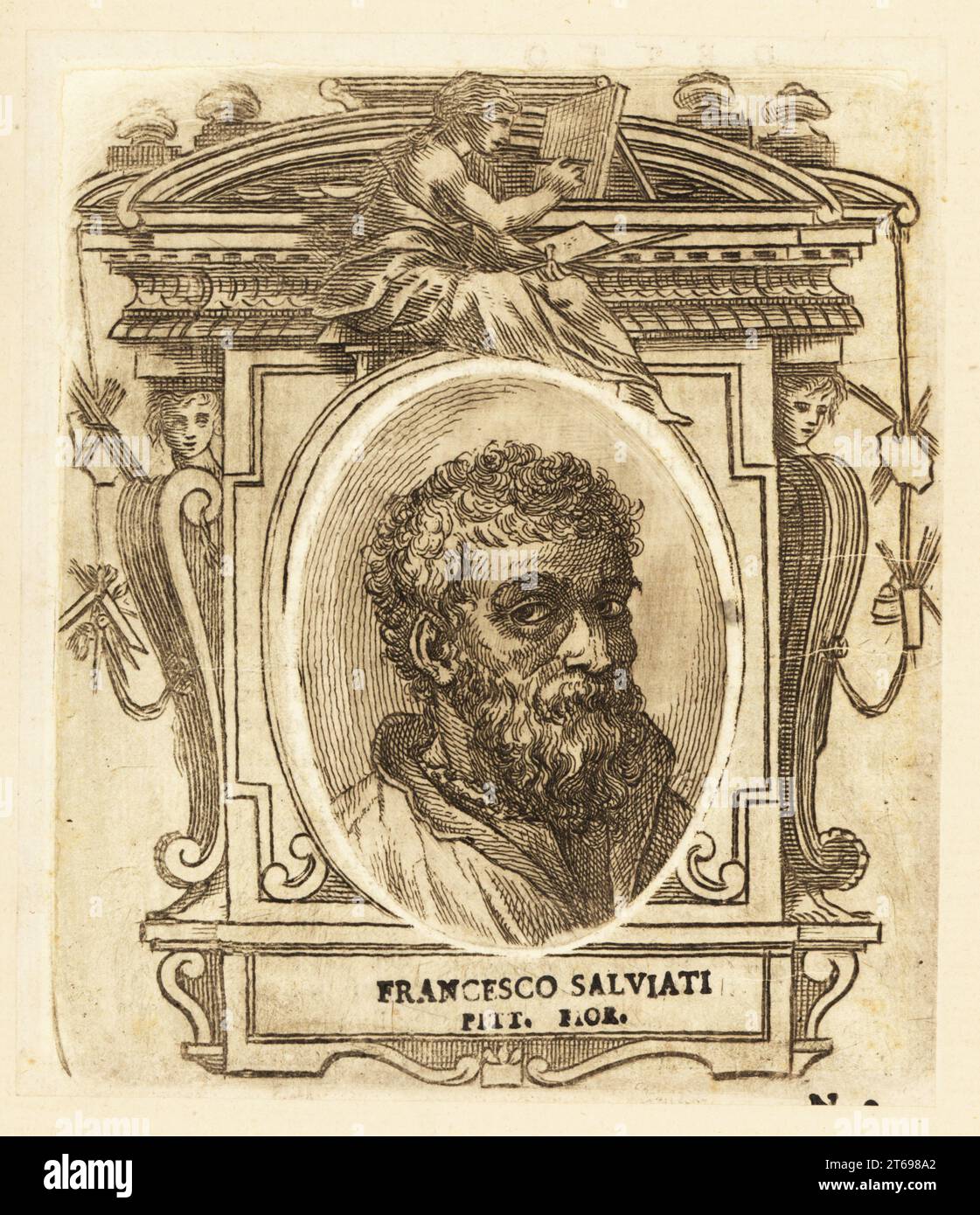 Portrait de Francesco de' Rossi, peintre maniériste italien qui a vécu et travaillé principalement à Florence, 15101563. Francesco Salviati Pitt. Fior. Gravure sur bois de Giorgio Vasaris le vite de piu eccellenti pittori, scultori, et architecettori, la vie des plus excellents peintres, sculpteurs et architectes, Florence, 1678. Banque D'Images