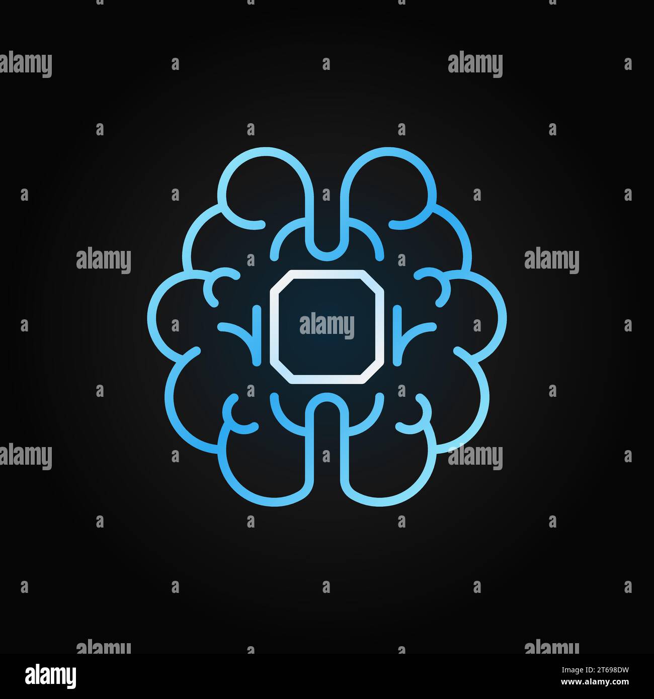 Cerveau humain avec l'icône linéaire bleue de vecteur de puce. Symbole de contour de concept ai Cyberbrain ou élément de logo sur fond sombre Illustration de Vecteur