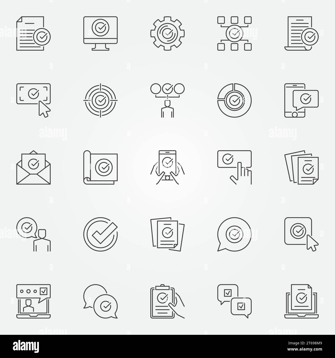 Approuver le jeu d'icônes. Vector coche, symboles acceptés, vérifiés, approuvés et approuvés ou éléments de conception dans le style de ligne mince Illustration de Vecteur