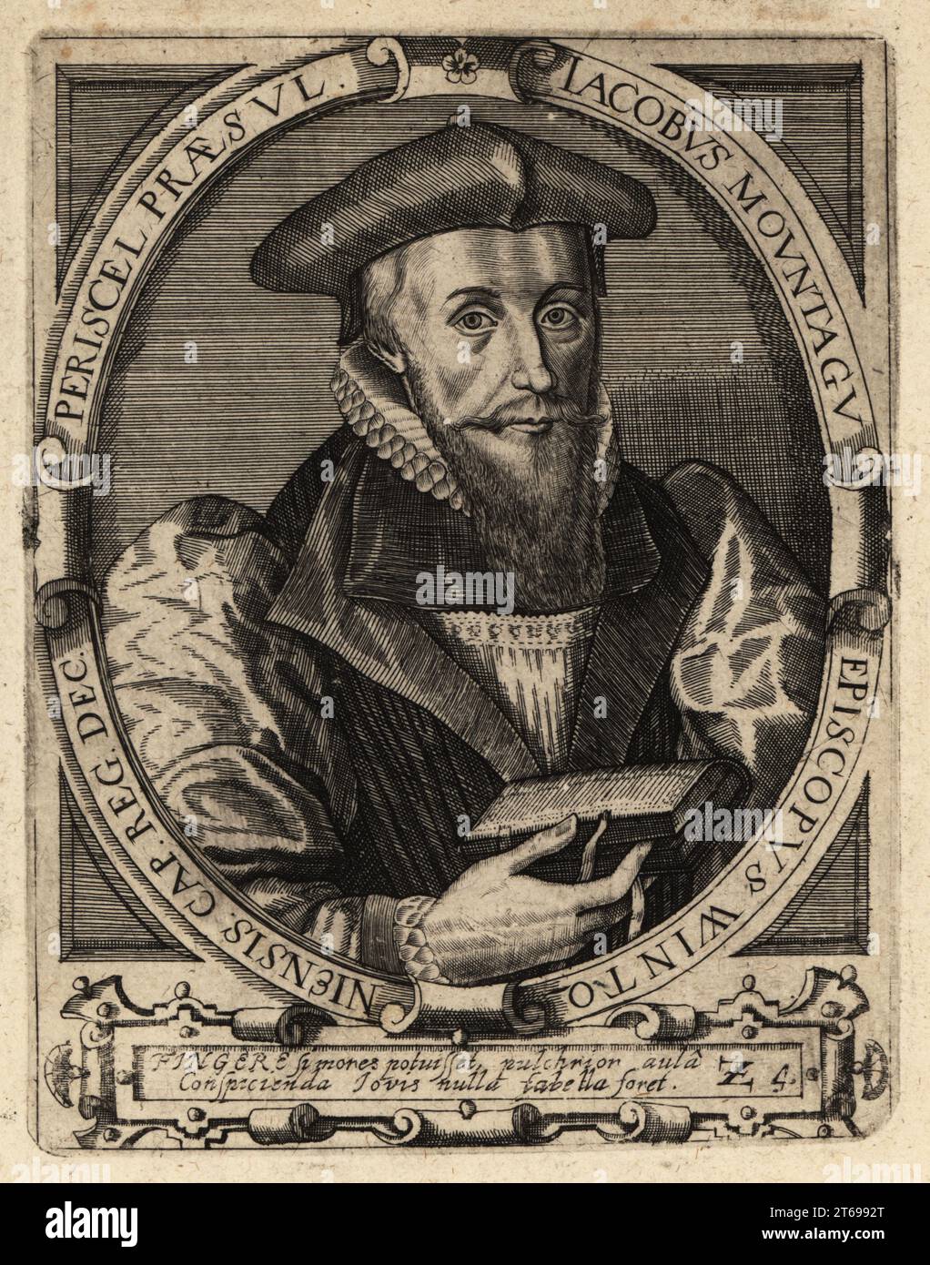 James Montague, 1568-1618, évêque de Winchester. Jacobus Mountagu, episcopus Wintoniiensis. Gravure sur cuivre de Johann Theodore de Bry de Jean-Jacques Boissards Bibliotheca Chalcographica, Johann Ammonius, Francfort, 1650. Banque D'Images