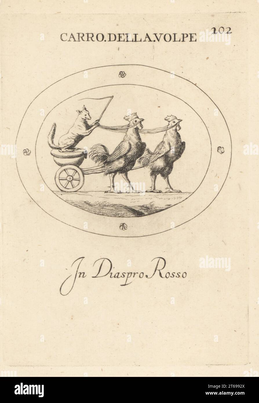 Un renard conduisant un char dessiné par deux roosters. Les oiseaux signifient la ruse et la vigilance. En rouge jasper. Carro della Volpe, dans le rosso de diaspro. Banque D'Images