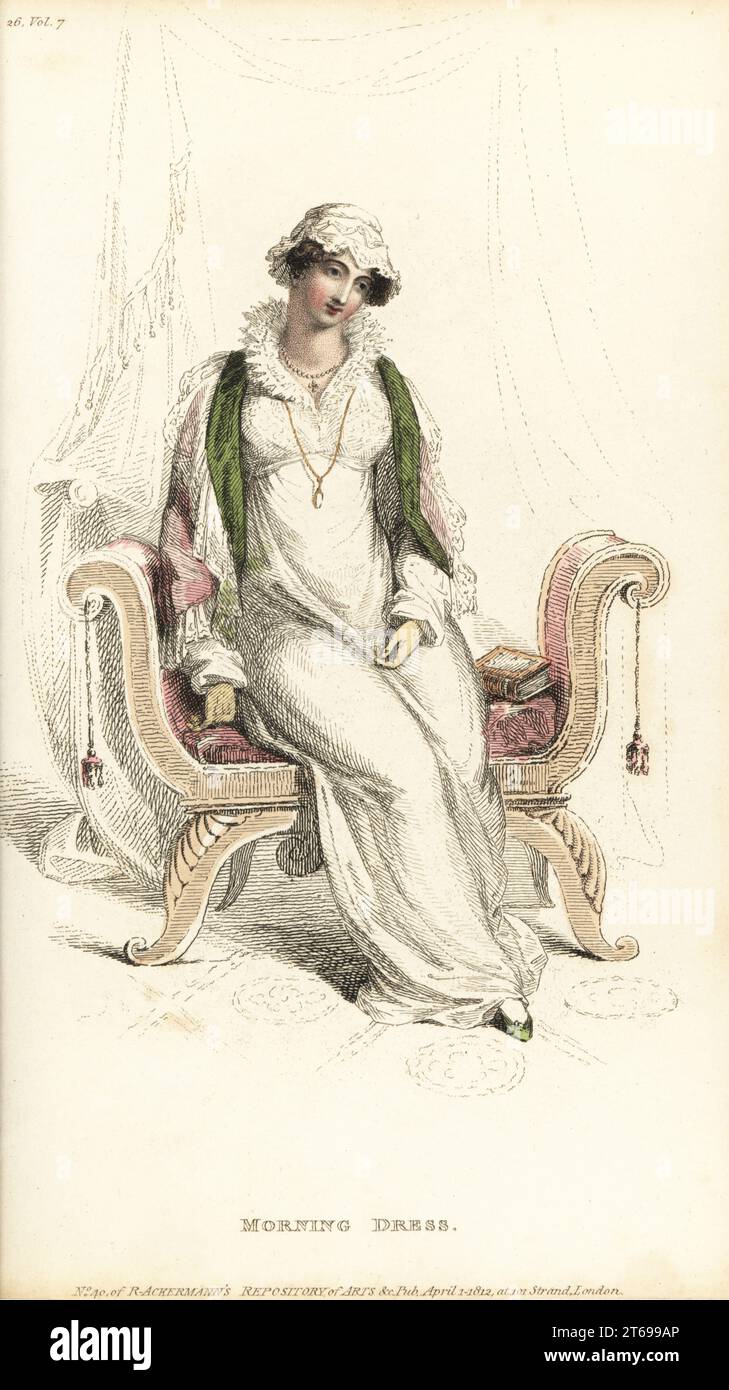 Femme Régence en costume du matin assise sur un canapé, 1812.Robe de Scotch superficiel cambric sur un slip, ruff a la Mary Reine des Écossais, Flora Cap en satin et dentelle, capuchin manteau de satin de fleur.Tôle 26, vol. 7, avril 1 1812.Gravure sur plaque de coperplate de couleur main par Thomas Uwins de Rudolph Ackermann's Repository of Arts, Londres. Banque D'Images