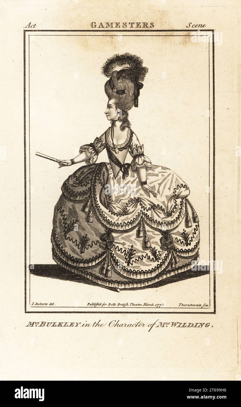 Mme Mary Bulkley dans le personnage de Mme Wilding dans David Garricks adaptation de James Shirleys The Gamesters, Drury Lane Theatre, 1782. Miss Bulkley, plus tard Mme Barresford, était une danseuse anglaise du 18e siècle et actrice de théâtre comique 1747/8-1792. Gravure sur cuivre de J. Thornthwaite d'après une illustration de James Roberts du Bells British Theatre, composée des pièces anglaises les plus appréciées, John Bell, Londres, 1778. Banque D'Images