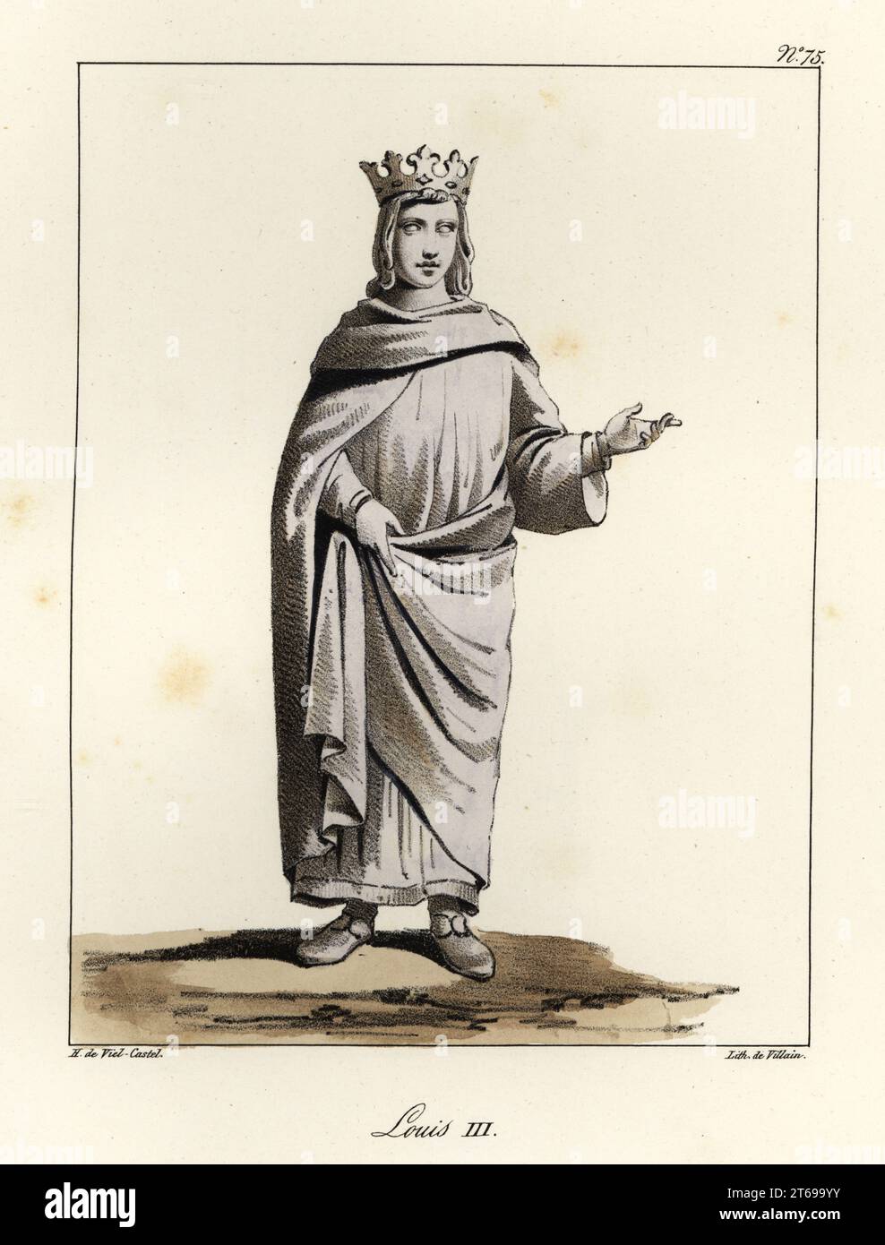 Statue de Louis III (863-882), roi de Francia-Ouest, fils aîné du roi Louis II et d'Ansgarde de Bourgogne, lithographie teintée par le méchant d'après une illustration d'Horace de Viel-Castel de sa Collection des costumes, armes et meubles pour servir à l'histoire de la France (Collection des costumes, Armes et mobilier à utiliser dans l'histoire de la France), Teuttel & Wurtz, Bossange, 1827. Banque D'Images