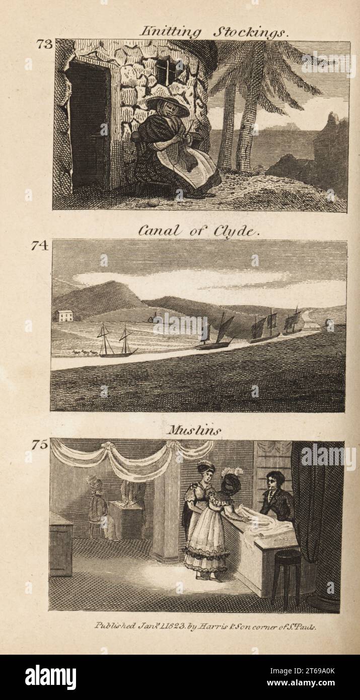 Métiers à Regency Scotland : bas à tricoter, canal de Clyde et mousselines. Femme tricotant des bas peignés en laine à l'extérieur d'un chalet dans les îles Shetland 73, voiliers sur le canal Clyde entre Glasgow et Édimbourg 74 et dames magasinant des mousselines de coton tissées à Paisley 75. Gravure sur bois du révérend Isaac Taylors scènes de la richesse britannique, dans Produce, Manufacture and Commerce, John Harris, Londres, 1823. Isaac Taylor était un écrivain, artiste, graveur et inventeur anglais de 1787 à 1865. Banque D'Images