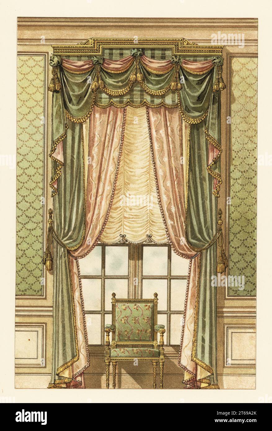 Tenture murale de style roi Louis XVI, vers 1900. Pelmet en bois doré, lambrequin gourmand et rideaux, tentures en peluche, chaise et fenêtre. Planche 18. Croisee Loius XVI. Galerie bois dore, lambrequin gouran, rideaux meme tissu, draperies peluche, rideaux de dessous lampas. Armure de tenture murale. Chromolithographie de Delamotte d'après une illustration d'Ernest Foussier tirée de ses nouveaux modèles de tentures, décorations de Fenêtres, nouveaux modèles de tentures murales, décorations de fenêtres, E. Thezard fils, Librairie spéciale dArchitecture, Dourdan, France, 1900. Foussier (1859-1917) était un architecte français Banque D'Images