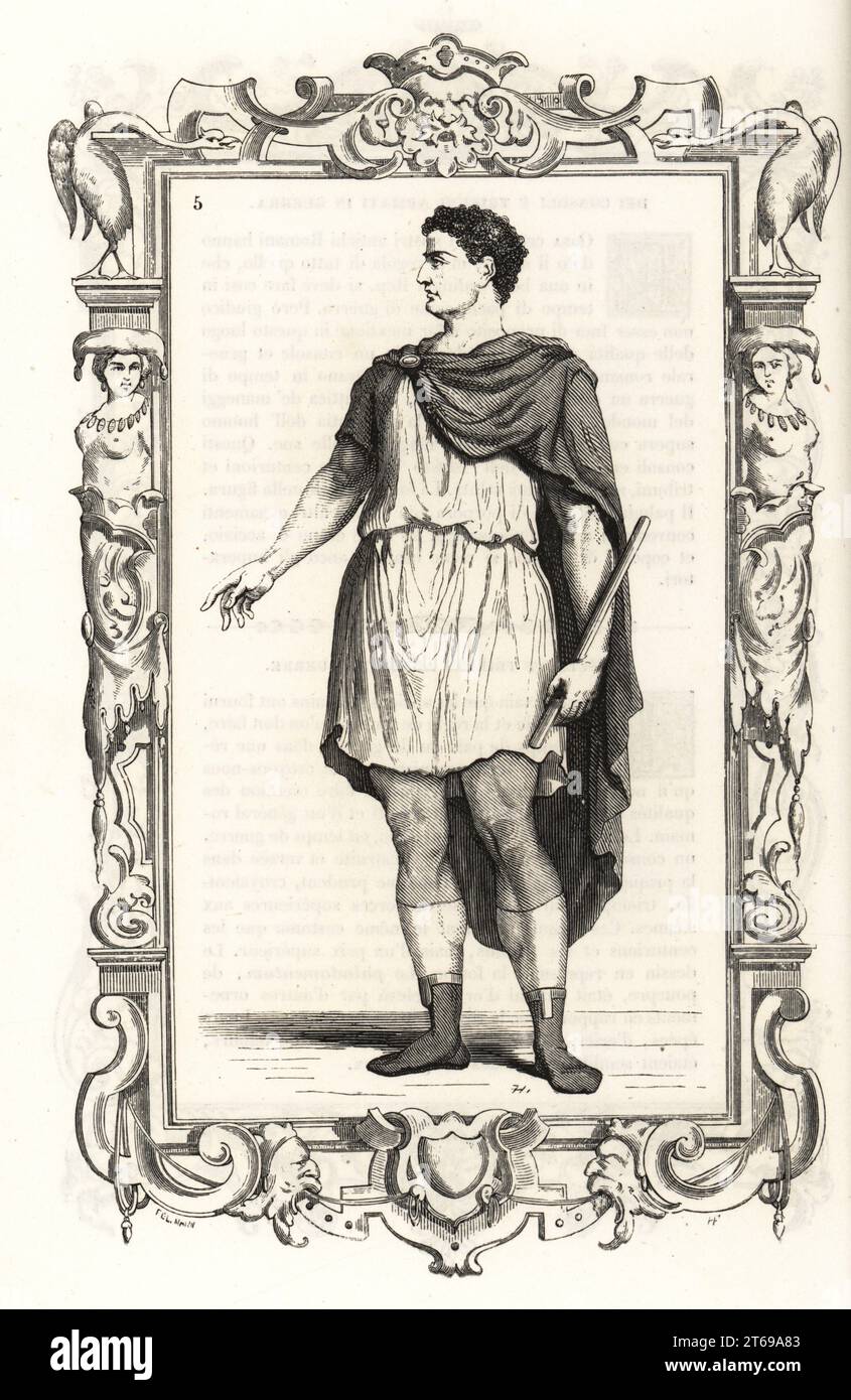 Costume d'une ancienne tribune romaine du peuple. Il porte une cape sur une tunique courte, un pantalon court ou un sagulum gregale, et porte un bâton court. Dans un cadre décoratif gravé par H. Catenacci et Fellmann. Gravure sur bois de Gerard Seguin et E.F. Huyot d'après une gravure sur bois de Christoph Krieger de Cesare Vecellios costumes anciens et modernes du 16e siècle, Habiti antichi et moderni di tutto il mondo, Firman Didot Ferris fils, Paris, 1859-1860. Banque D'Images