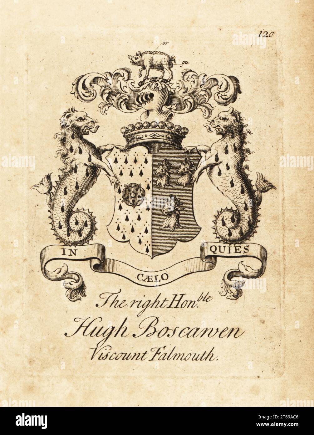 Armoiries du très honorable Hugh Boscanven, 1ère Viscount Falmouth, 1680-1734. Gravure de Copperplate par Andrew Johnston après C. Gardiner de Notitia Anglicana, Shwing the Réalisations of all the English noblesse, Andrew Johnson, The Strand, Londres, 1724. Banque D'Images