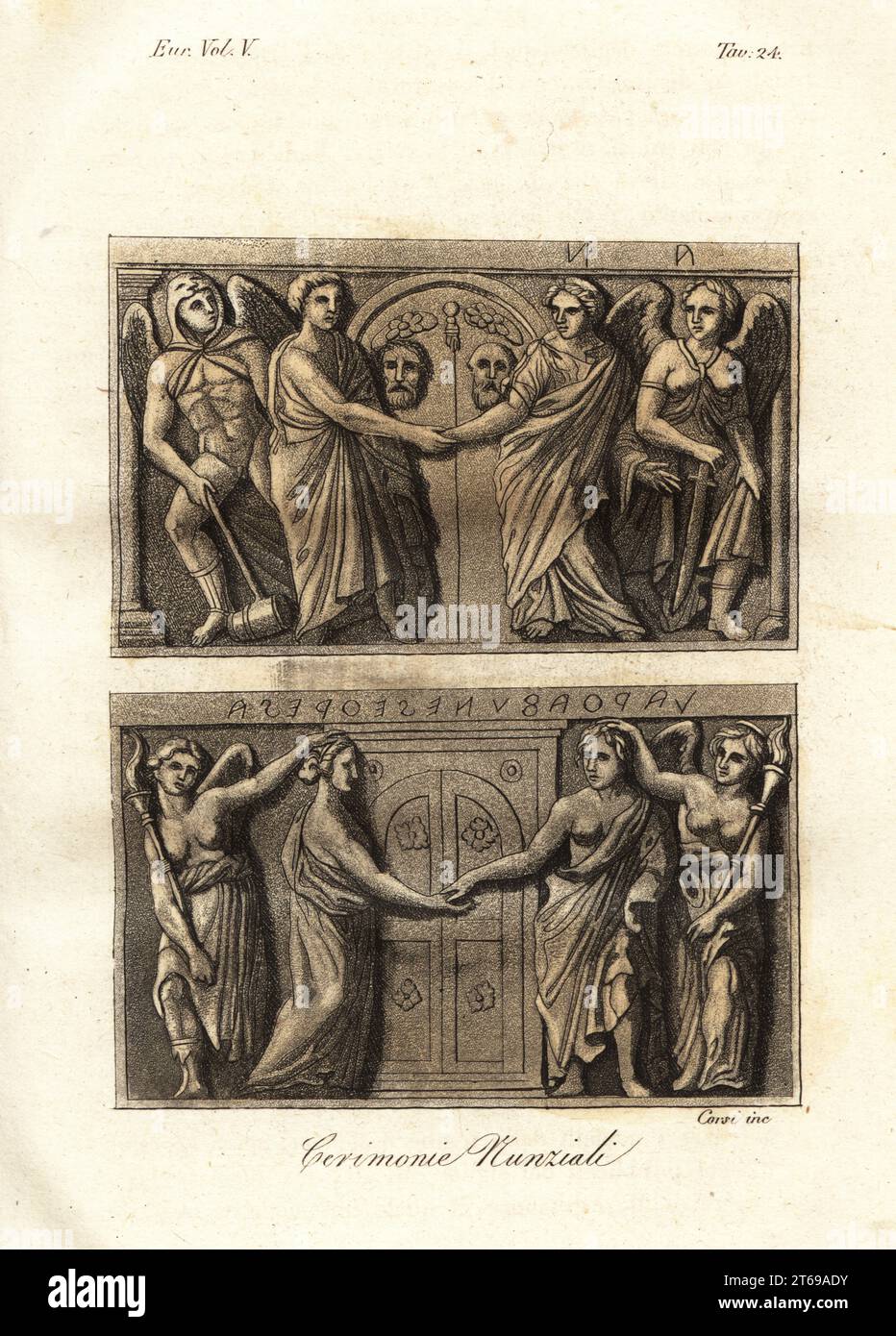 Ancienne cérémonie de mariage étrusque. La mariée et le marié se tiennent la main devant les portes qui ne sont ouvertes qu'après la cérémonie. Au sommet, ils sont soutenus par des figures ailées avec marteau et épée, et en dessous avec des femelles ailées avec des torches. Cerimonie nunziale. Gravure sur cuivre colorée à la main par Corsi de Giulio Ferrarios costumes ancien et moderne des peuples du monde, il Costume Antico e Moderno, Florence, 1843. Banque D'Images