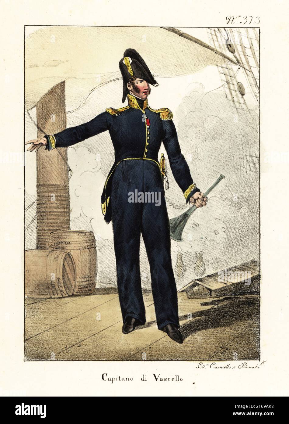 Uniforme d'un capitaine de navire, Bourbon Restoration, France. En bicorne avec cocarde, manteau bleu avec épaulettes dorées, pantalons bleus, chaussures noires, armés d'épée. Capitaine de vaisseau. Lithographie coloriée à la main de Lorenzo Bianchi et Domenico Cuciniello d'après Hippolyte Lecomte de Costumi civili e militari della monarchia francese dal 1200 al 1820, Naples, 1825. Édition italienne des costumes civils et militaires Lecomtes de la monarchie française de 1200 à 1820. Banque D'Images