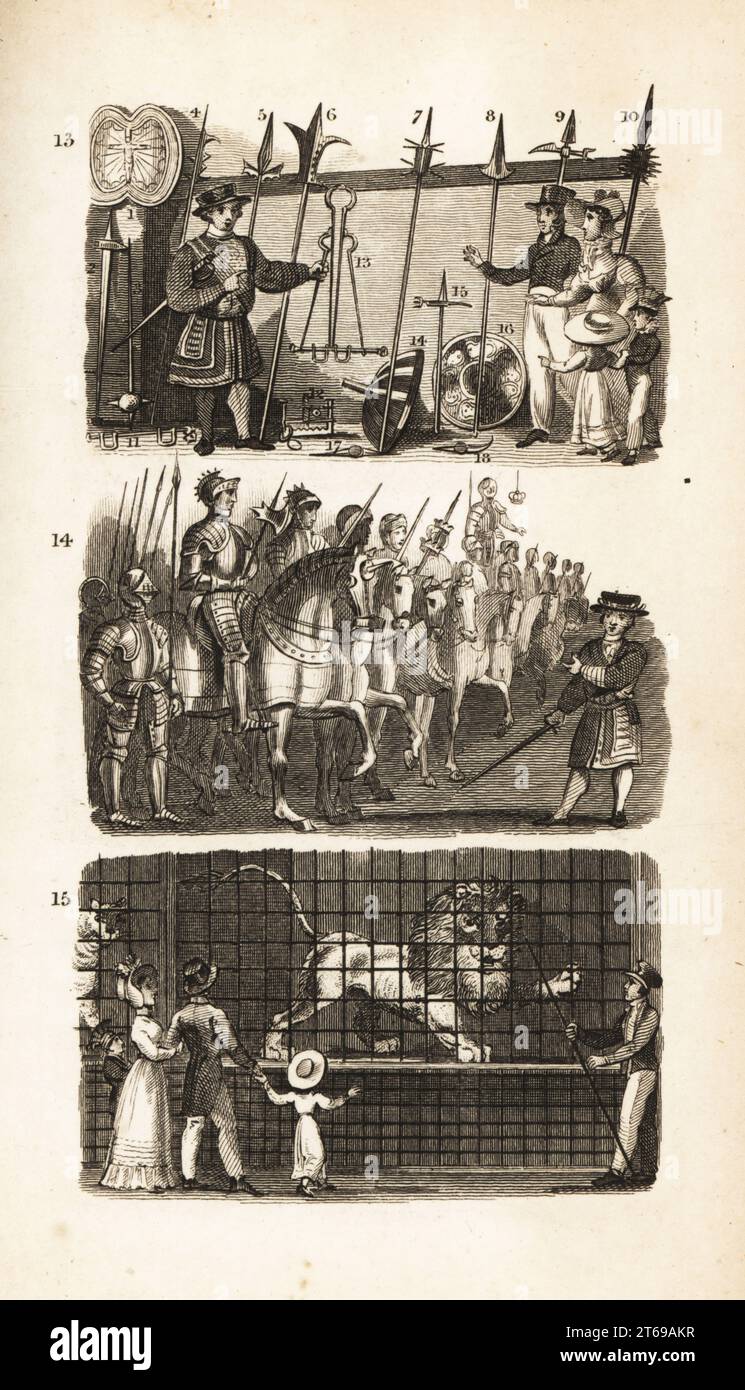 The Tiwer of London : The Armory, The Horse Armory et Wild Beasts in the Tower. Beefeater montrant aux touristes des armes de l'Armada espagnole dans l'Armory 13, des armures de rois anglais montés sur des chevaux dans la barde 14 et des lions et des tigres dans des cages au zoo dans la Tour Blanche 15. Gravure sur bois d'après une illustration d'Isaac Taylor de City Scenes, or a peep into London, par Ann Taylor et Jane Taylor, publié par Harvey et Darton, Gracechurch Street, Londres, 1828. Les sœurs anglaises Ann et Jane Taylor étaient des poètes romantiques prolifiques et des écrivains de livres pour enfants au début du 19e siècle Banque D'Images