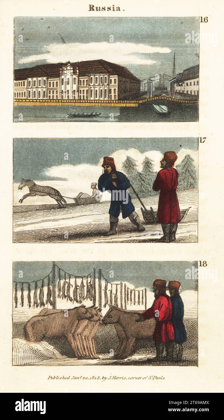 Vues historiques de la Russie. Le palais impérial d'hiver à St. Petersburg 16, paysans russes avec des traîneaux sur glace 17, marché d'animaux congelés sur la rivière gelée de la Neva à St. Petersburg 18. Gravure sur cuivre colorée à la main de scènes du révérend Isaac Taylors en Europe, pour le divertissement et l'instruction de petits voyageurs Tarry-at-Home, John Harris, Londres, 1819. Banque D'Images