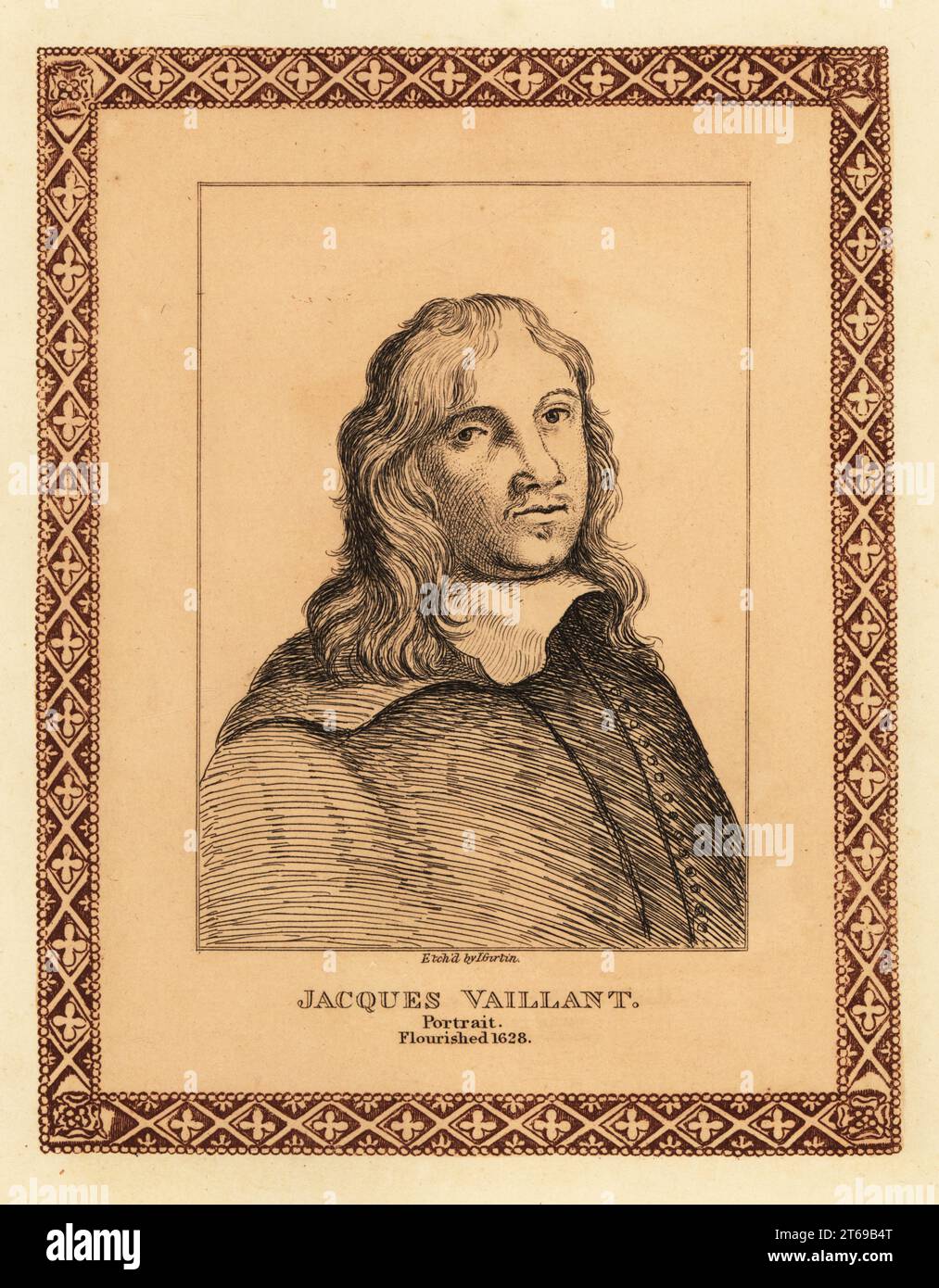 Portrait de Jacques Vaillant, 1643-1691, portraitiste flamand de l'âge d'or hollandais, peintre de cour de Friedrich Wilhelm Ier de Brandebourg et de l'empereur Léopold Ier Gravure teintée dans une bordure décorative par John Girtin de John Girtins Seventy-Five Portraits of Celebrated Painters from Authentic Originals, J. MCreery, Londres, 1817. Banque D'Images