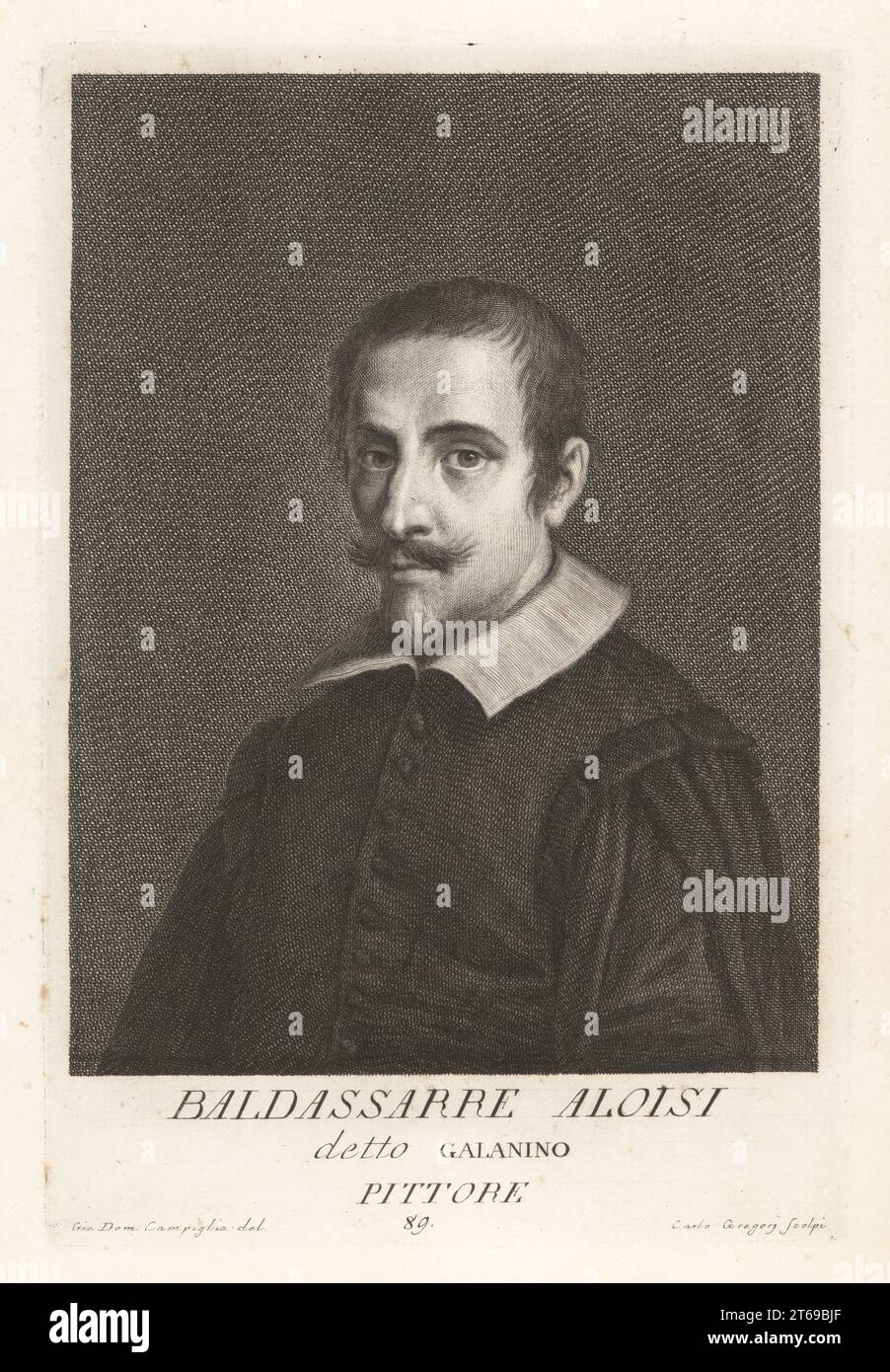 Baldassare Aloisi, ou Baldassare Galanino, peintre et graveur italien d'histoire et de portrait, 1578-1638. Peint des sujets religieux et d'histoire et gravé les œuvres de Raphaël dans la Loggia. Également connu sous le nom d'il Galanino. Baldassarre Aloisi, detto Galanino, Pittore. Gravure sur plaque de coperplate par Carlo Gregori d'après Giovanni Domenico Campiglia après un autoportrait de l'artiste du Museo Florentino de Francesco Moucke, série di Ritratti de Pittori (série de Portraits de Peintres) stampia Mouckiana, Florence, 1752-62. Banque D'Images