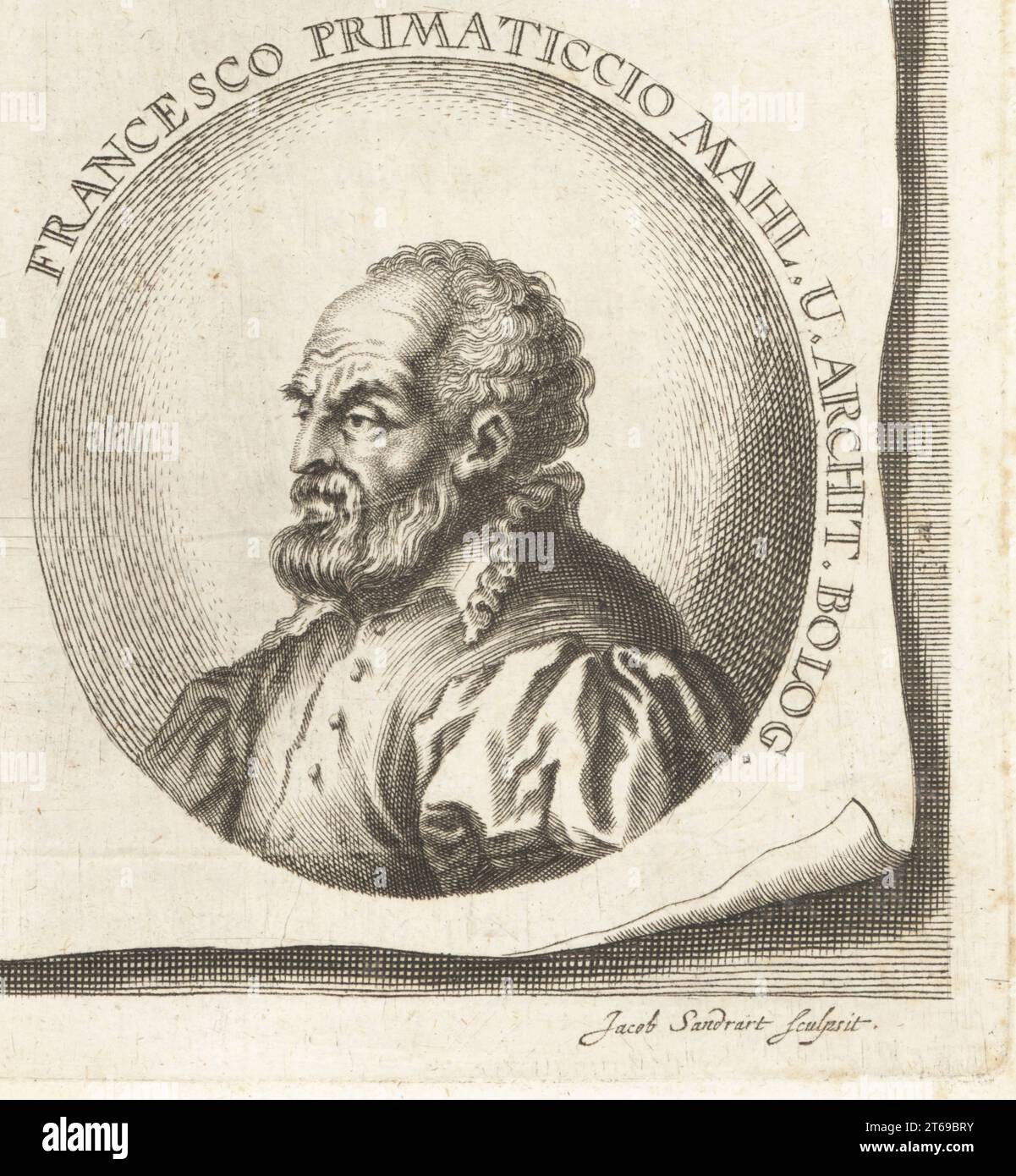 Francesco Primaticcio, peintre maniériste italien, architecte et sculpteur de Bologne qui a passé la majeure partie de sa carrière en France, 1504-1570. Francesco Primaticcio Mahl U Archit. Bolog. Gravure sur cuivre de Jacob von Sandrart d'après une illustration de Joachim von Sandrart de son LAcademia Todesca, della Architectura, Scultura & Pittura, oder Teutsche Academie, der Edlen Bau- Bild- und Mahlerey-Kunste, Académie allemande d'architecture, de sculpture et de peinture, Jacob von Sandrart, Nuremberg, 1675. Banque D'Images