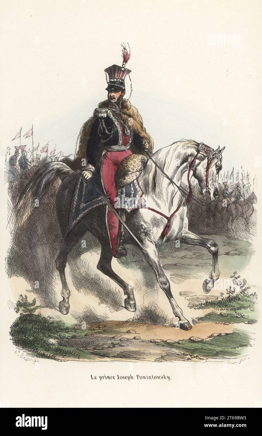 Prince Józef Poniatowski, général polonais, 1763-1813. Maréchal de l'Empire français pendant les guerres napoléoniennes. À cheval en schako et uniforme d'officier devant les lanciers polonais. Le prince Joseph Poniatowsky. Gravure sur bois colorée à la main par François Rouget d'après une illustration d'Hippolyte Bellangé de P.M. Laurent de lArdeches Histoire de Napoleon, Paris, 1840. Banque D'Images