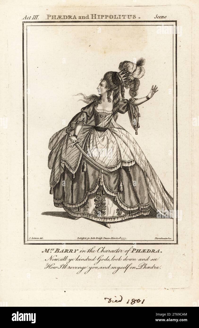 Mme Ann Barry dans le personnage de Phaedra dans Phaedra et Hippolitus d Edmund Smith, Drury Lane Theatre, 1774. Ann Street, 1734-1801, était une actrice de premier plan du 18e siècle apparaissant comme Mme Dancer, Mme Barry et Mme Crawford. Gravure sur cuivre de J. Thornthwaite d'après une illustration de James Roberts du Bells British Theatre, composée des pièces anglaises les plus appréciées, John Bell, Londres, 1777. Banque D'Images