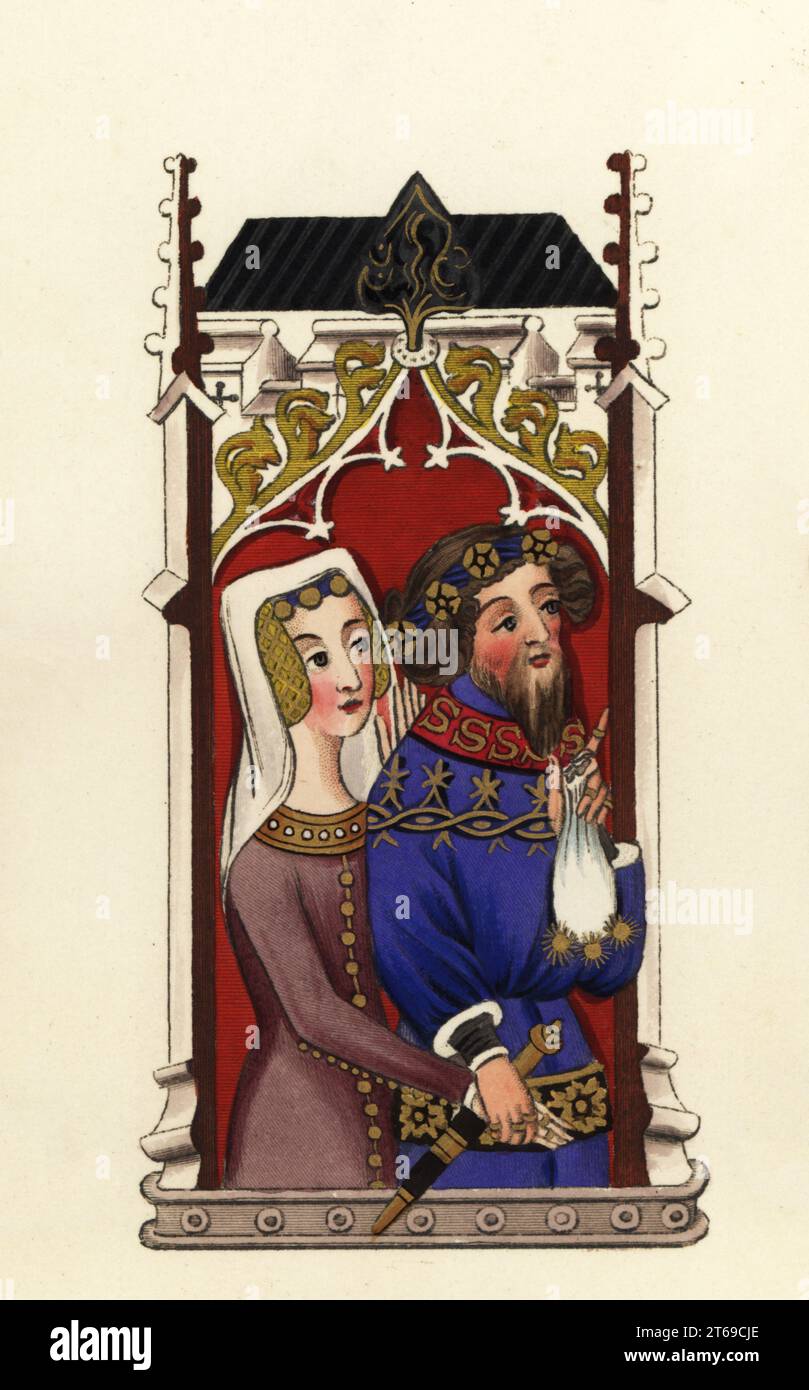 John Gyniford et sa femme Margaret, en tenant les mains. Dans sa main gauche, il a un grand sac à main tasselé d'or (leur don à l'abbaye de St Albans). Il porte un chapelet, double brodé au col et à l'ourlet, six anneaux sur ses doigts (sa femme en a deux). Bienfaiteurs de l'abbaye de St Albans. Du Livre d'or de St Albans, Cotton Nero MS D VII. Gravure faite à la main par Joseph Strutt de sa vue complète de la robe et des habitudes du peuple d'Angleterre, Henry Bohn, Londres, 1842. Banque D'Images