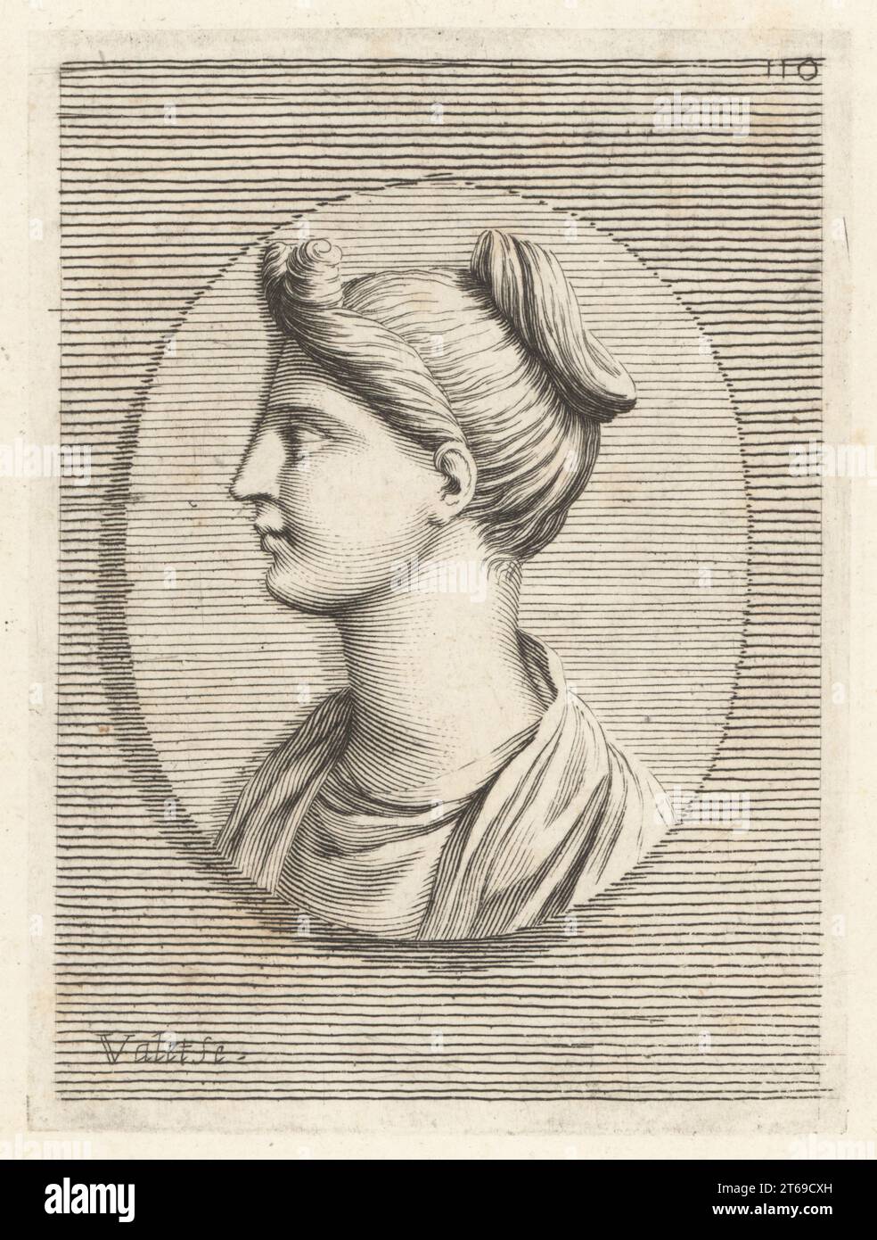 Profil buste d'une jeune femme avec ses cheveux dans une coiffure élaborée, avec partie avant haute, attachée à l'arrière de sa tête. D'un bijou antique ovale. Gravure sur cuivre de Guillaume Vallet d'après Giovanni Angelo Canini de Iconografia, cioe disegni d'imagini de famosissimi monarchi, regi, filososi, poeti ed oratori dell' Antichita, dessins d'images de monarques célèbres, rois, philosophes, poètes et orateurs de l'Antiquité, Ignatio deLazari, Rome, 1699. Banque D'Images