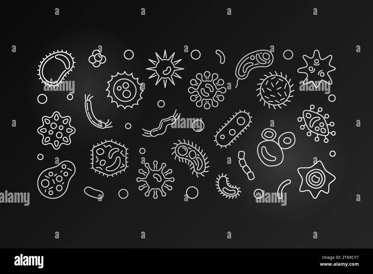 Cellules bactériennes bannière horizontale foncée. Illustration argentée de contour de vecteur faite avec des microbes et des icônes de bactérie Illustration de Vecteur