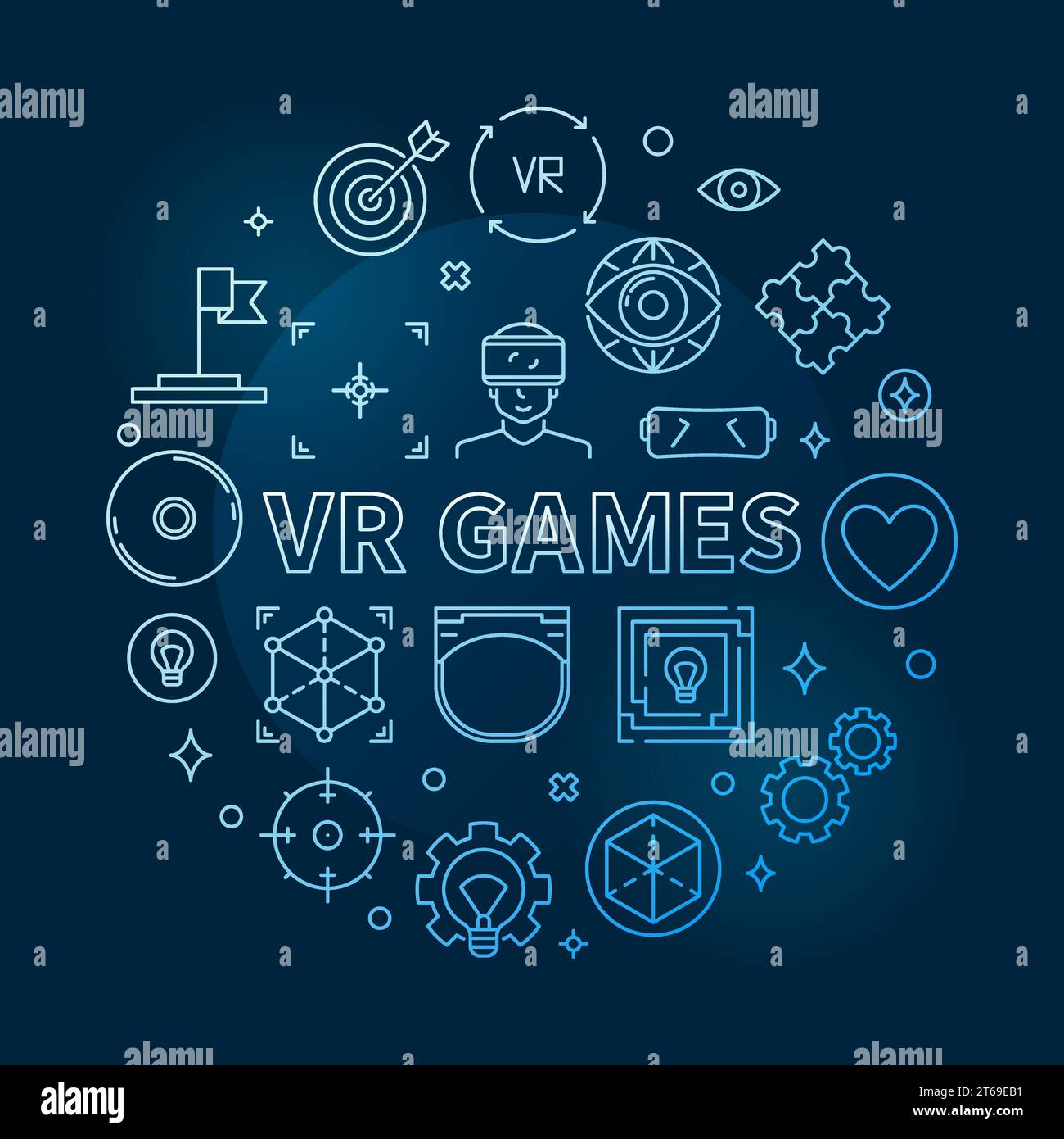 Vector VR Games concept rond illustration de contour bleu sur fond sombre Illustration de Vecteur