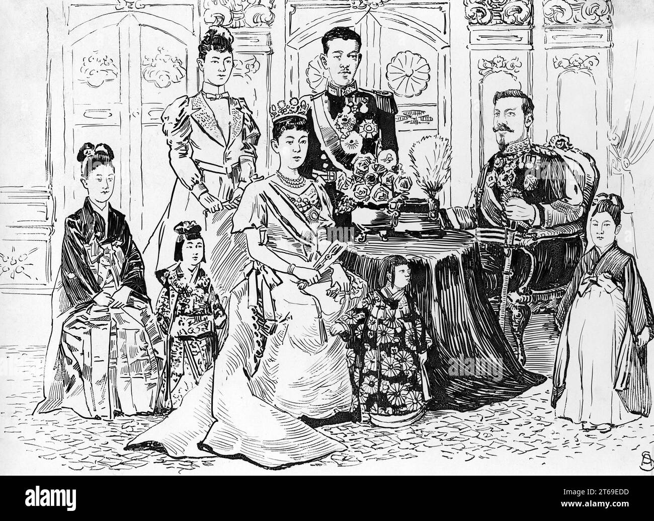 Dessin de la famille impériale japonaise : l'impératrice Shoken et l'empereur Mutsuhito assis à table, le prince héritier Yoshihito (empereur Taish?) debout derrière. [traduction automatique] Banque D'Images