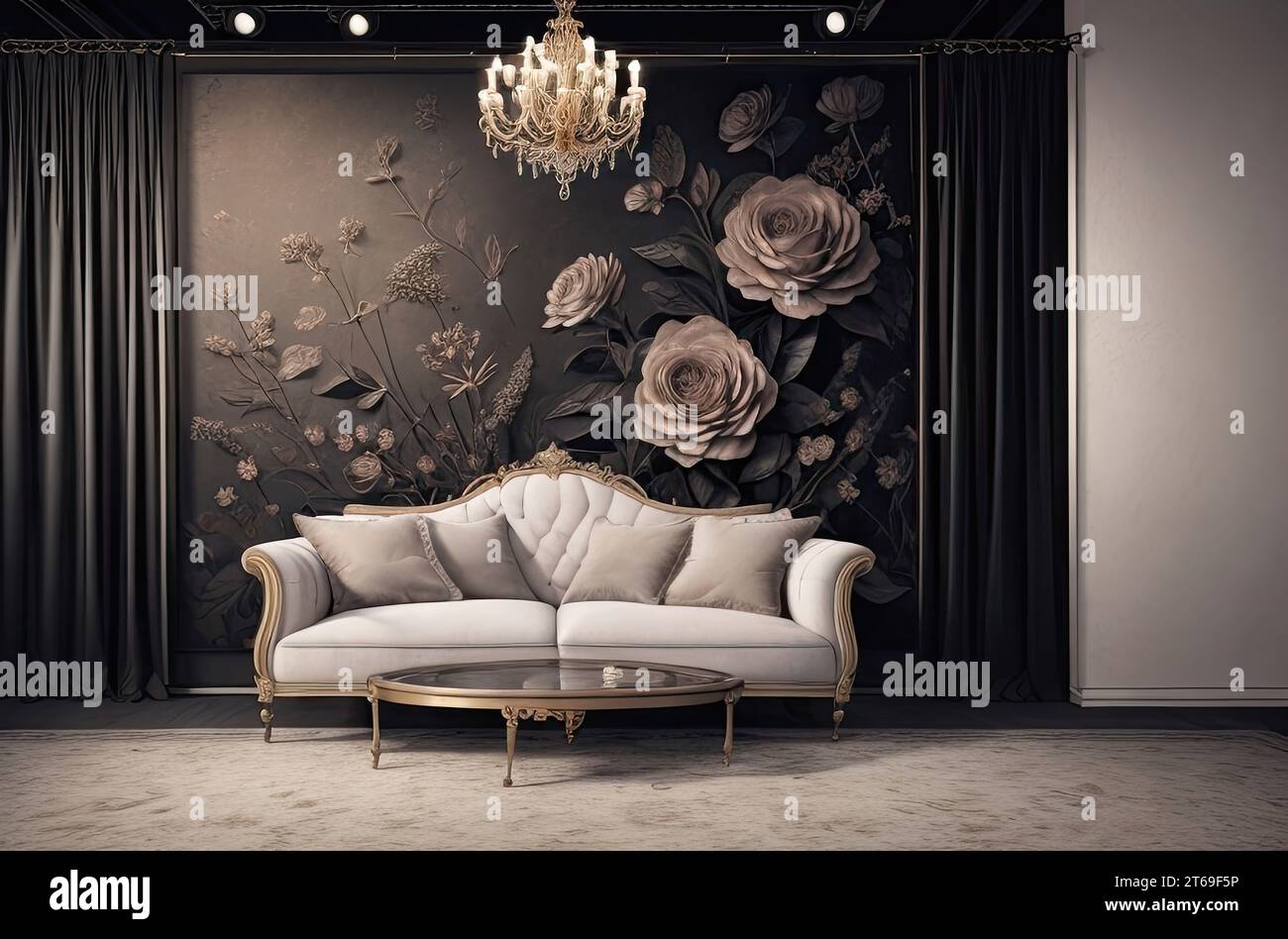 Un salon élégant avec mobilier traditionnel noir et or, un superbe papier peint floral et un luminaire vintage saisissant Banque D'Images