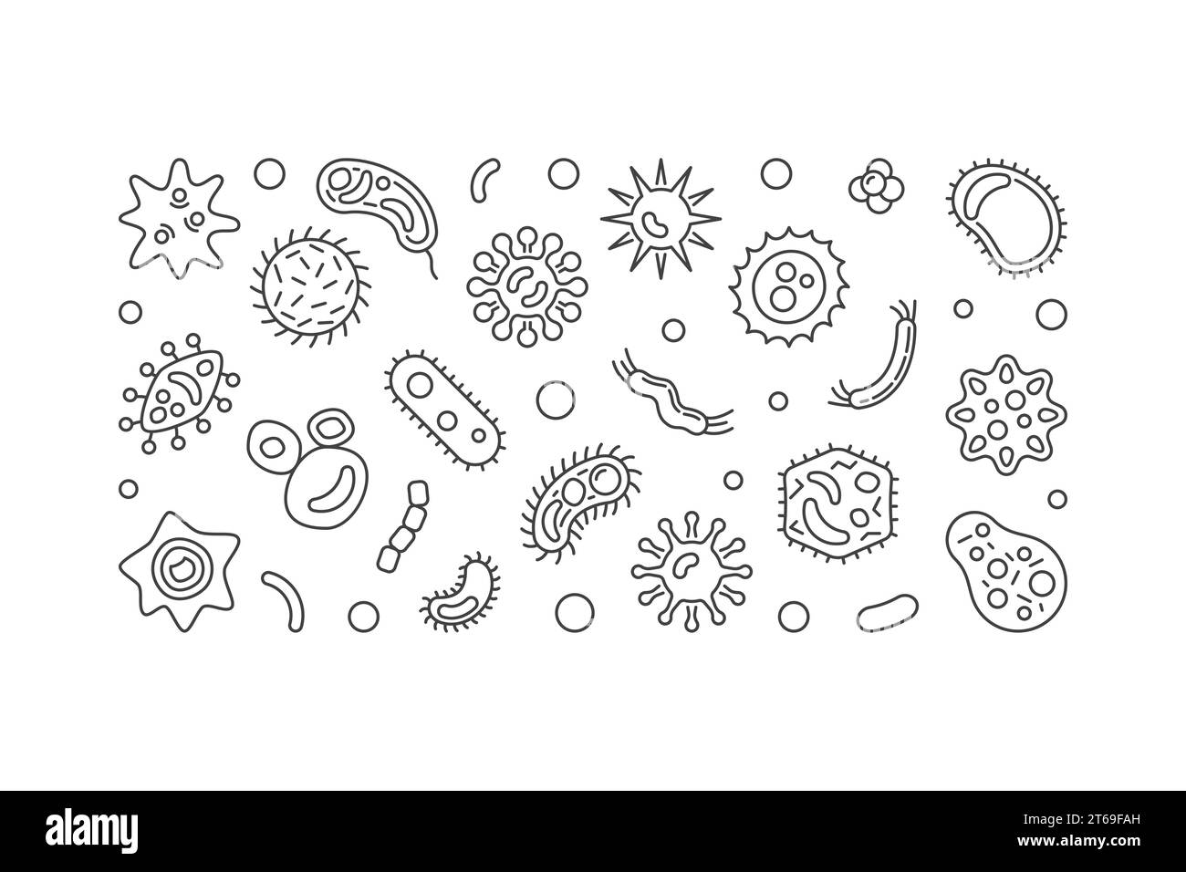 Bannière horizontale de cellules bactériennes. Vector contour illustration simple faite avec des microbes et des icônes de bactérie Illustration de Vecteur