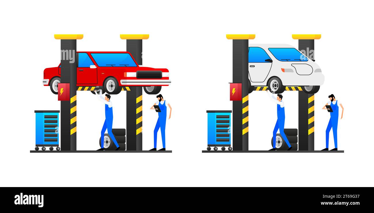 Mécaniciens travaillant dans un atelier de réparation automobile avec des voitures soulevées sur des rampes hydrauliques pour des services d'entretien et de réparation. Atelier de réparation automobile. Illustration de Vecteur