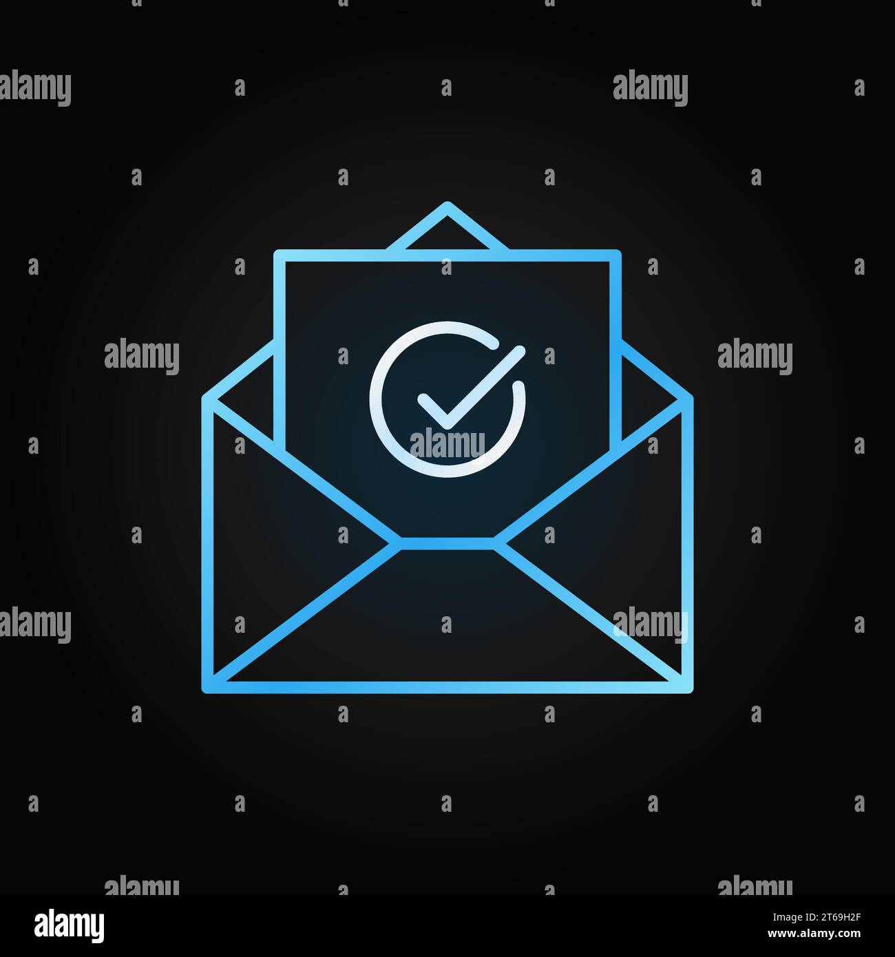 Icône colorée du concept de confirmation d'email. Enveloppe ouverte vectorielle avec symbole de coche dans le style de ligne mince sur fond sombre Illustration de Vecteur