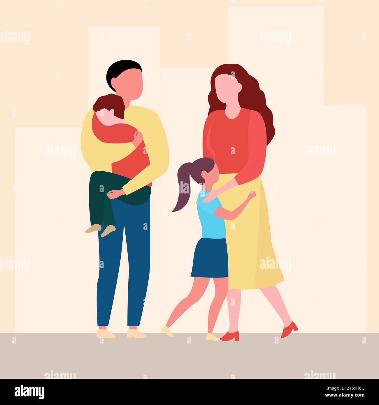 Bannière de dessin animé papa maman fille et garçon dans des couleurs jaune-bleu. Illustration vectorielle plate. Illustration de Vecteur
