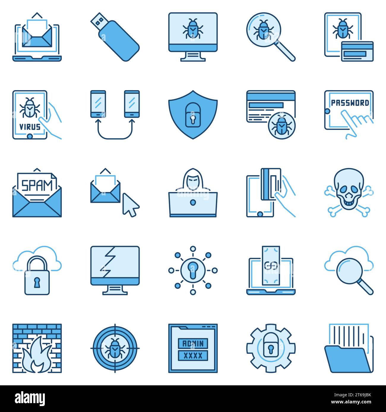 Icônes de concept de couleur Hacking ou Hacker. Collection vectorielle de virus informatiques, spam et signes de cybersécurité Illustration de Vecteur